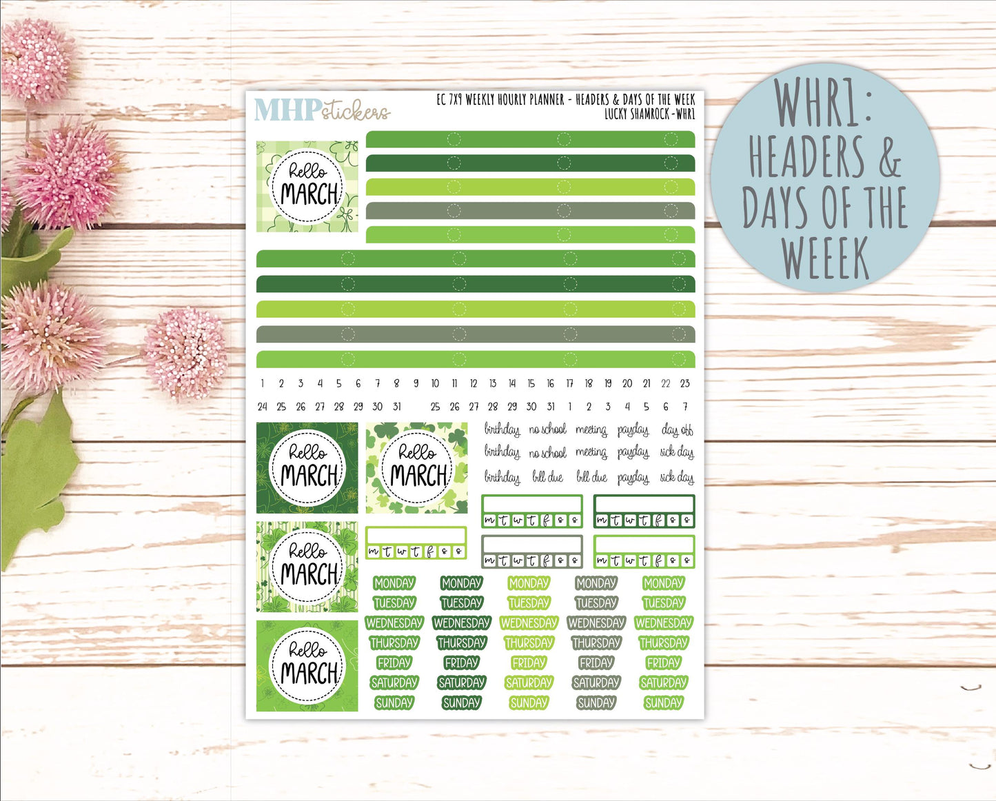 MARCH Weekly Hourly Planning Kits for 7x9 Erin Condren Planners. 2026 Collection "Lucky Shamrock" || ECWHR