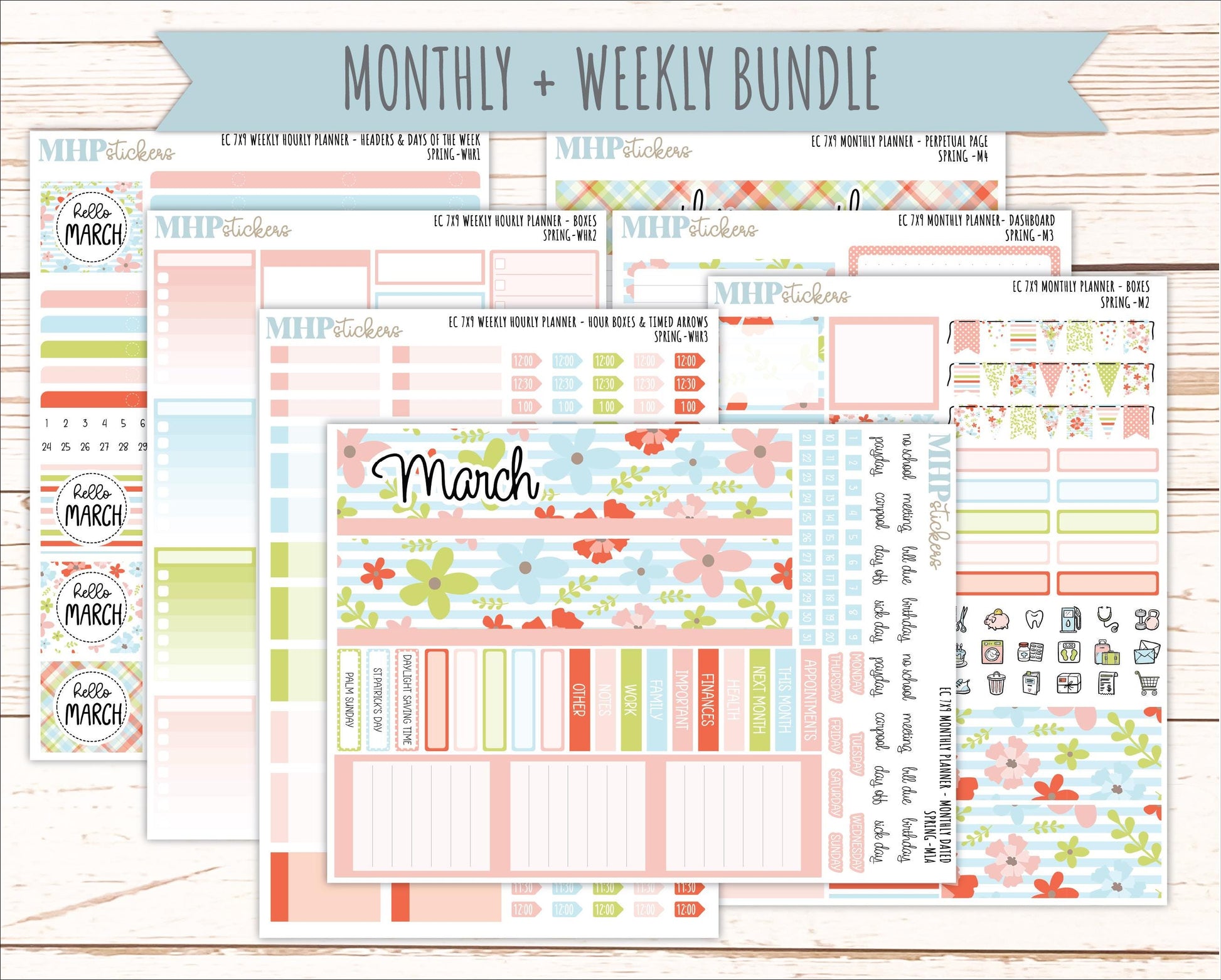 MARCH Weekly Hourly Planning Kits for 7x9 Erin Condren Planners. 2026 Collection "Spring" || ECWHR
