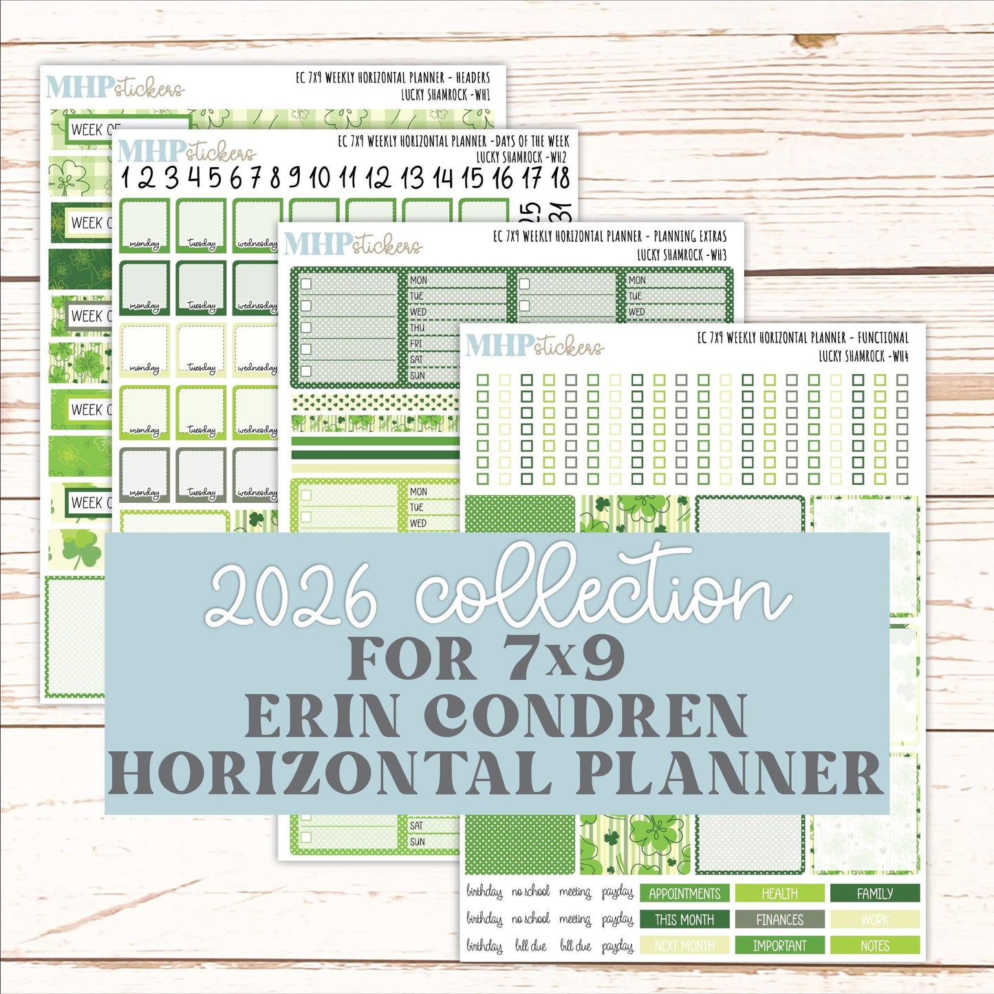 MARCH Weekly Horizontal Planning Kit for 7x9 Erin Condren Planners. 2026 Collection "Lucky Shamrock" || ECWH