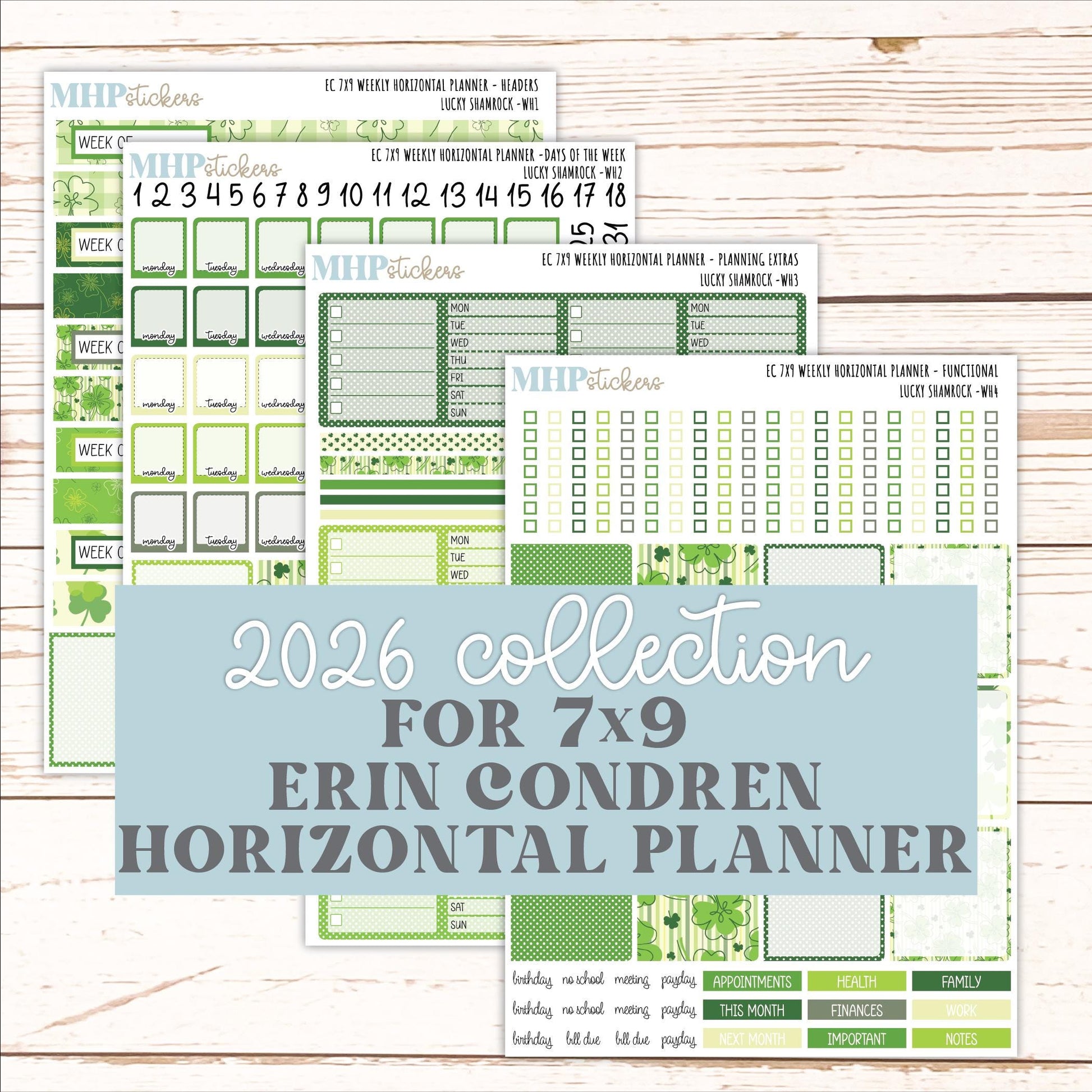 MARCH Weekly Horizontal Planning Kit for 7x9 Erin Condren Planners. 2026 Collection "Lucky Shamrock" || ECWH