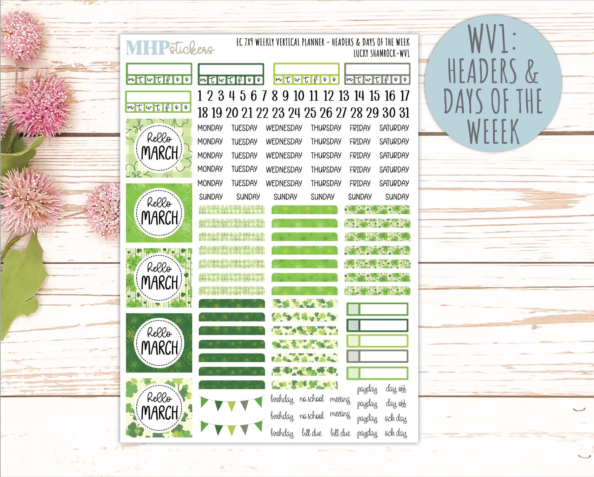MARCH Weekly Vertical Kits for 7x9 Erin Condren Planners. 2026 Collection "Lucky Shamrock" || ECWV