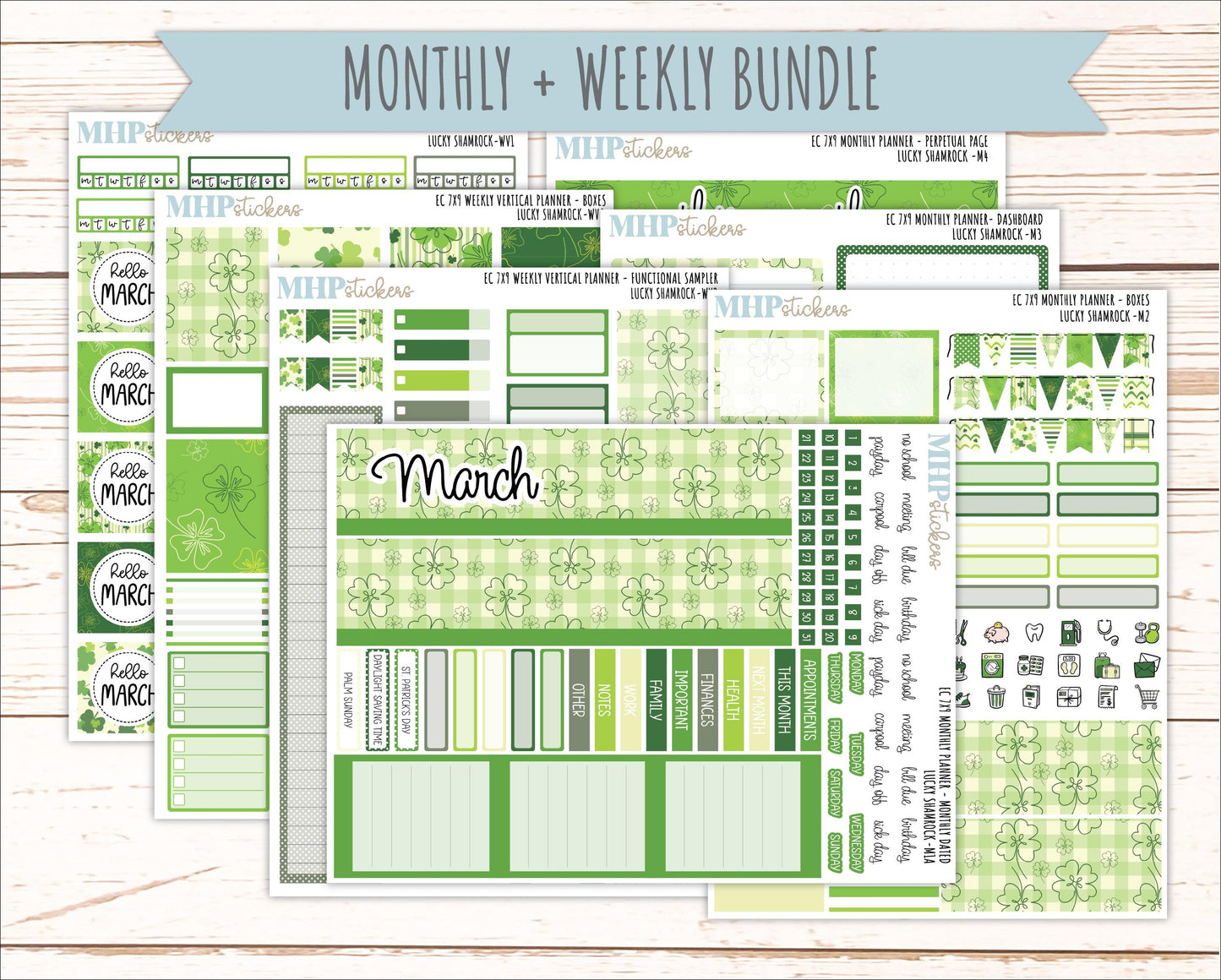 MARCH Weekly Vertical Kits for 7x9 Erin Condren Planners. 2026 Collection "Lucky Shamrock" || ECWV