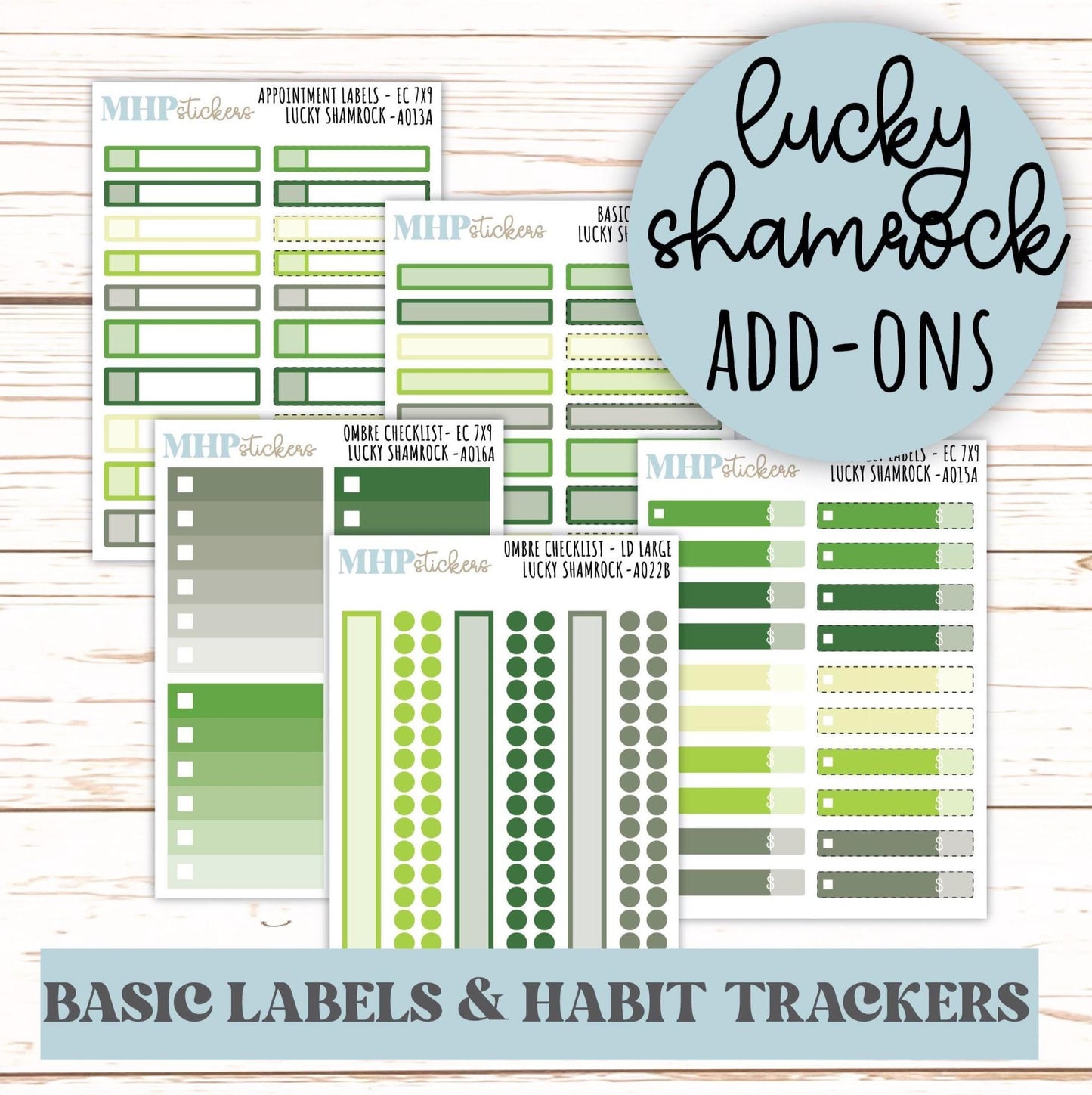 Basic Labels & Habit Trackers. ADD-On's for Monthly Kits "Lucky Shamrock" ||AOBL