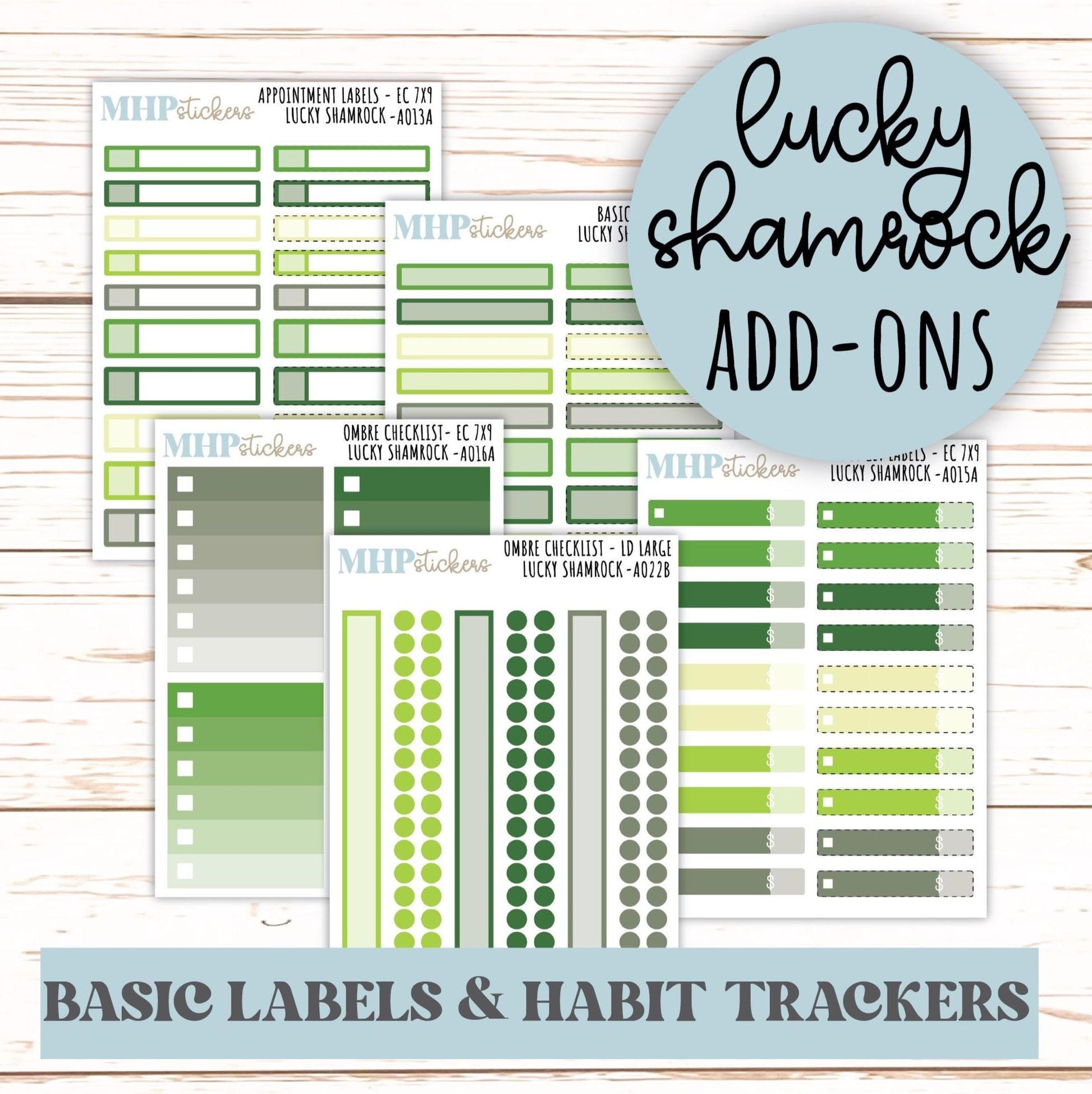 Basic Labels & Habit Trackers. ADD-On's for Monthly Kits "Lucky Shamrock" ||AOBL