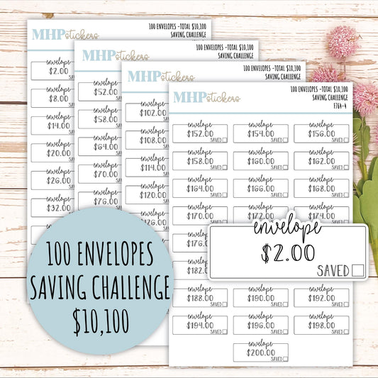 100 Envelope Stickers for Savings Challenge (Total Savings 10,100.00). Stickers for Planners, Saving Envelopes, and Bullet Journals || F764