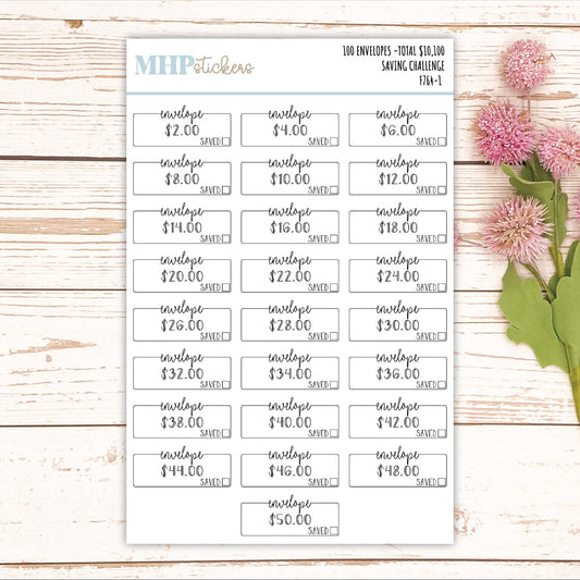 100 Envelope Stickers for Savings Challenge (Total Savings 10,100.00). Stickers for Planners, Saving Envelopes, and Bullet Journals || F764