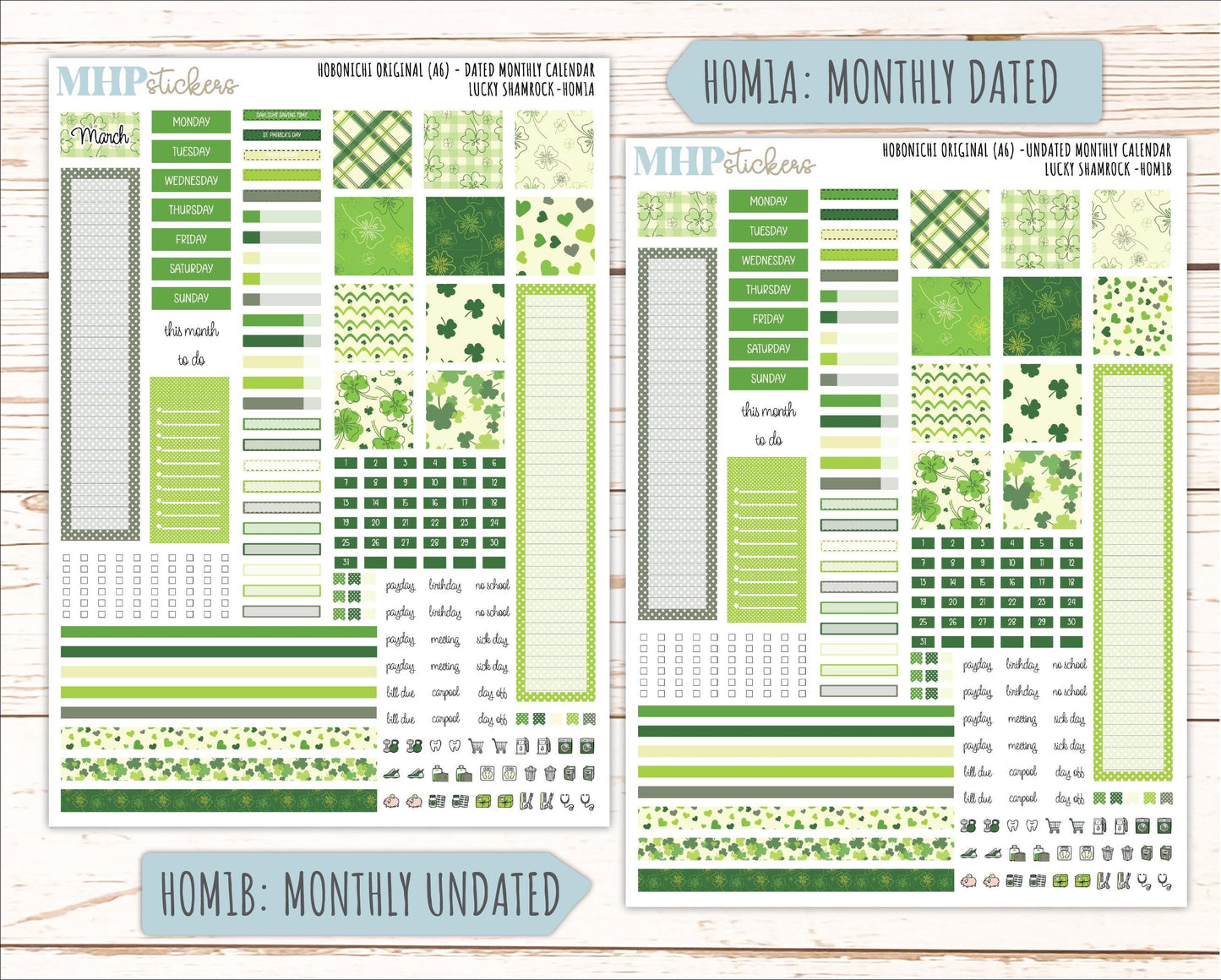 MARCH 2026 Stickers for Hobonichi Techo Original. A6 Planners "Lucky Shamrock" || HO