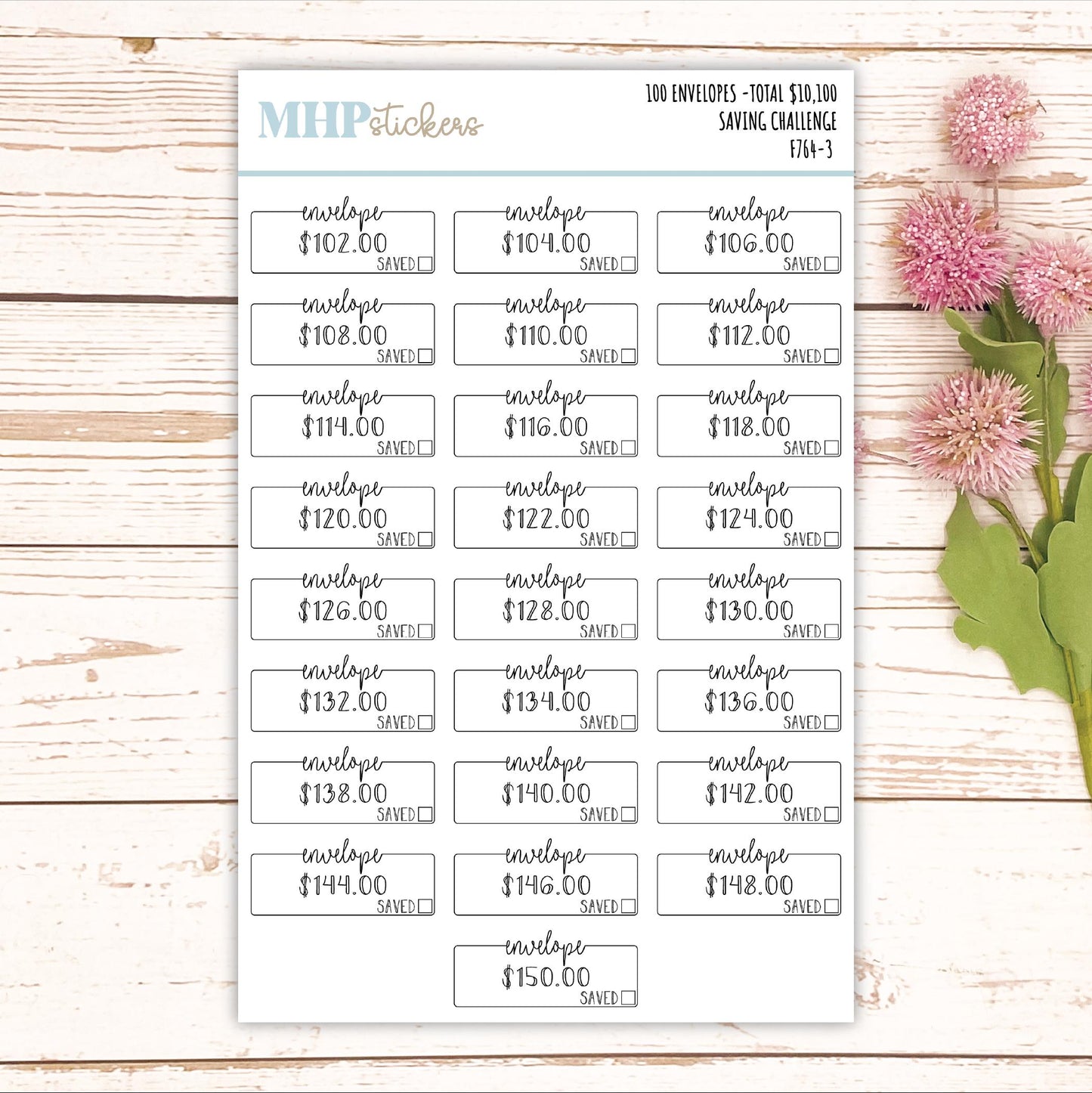 100 Envelope Stickers for Savings Challenge (Total Savings 10,100.00). Stickers for Planners, Saving Envelopes, and Bullet Journals || F764