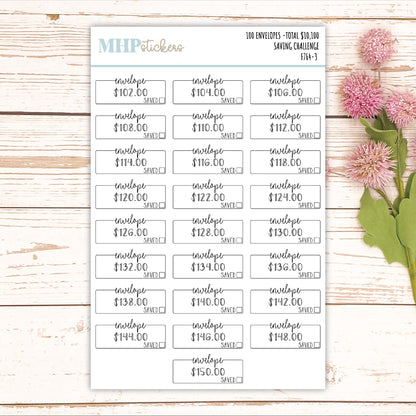 100 Envelope Stickers for Savings Challenge (Total Savings 10,100.00). Stickers for Planners, Saving Envelopes, and Bullet Journals || F764