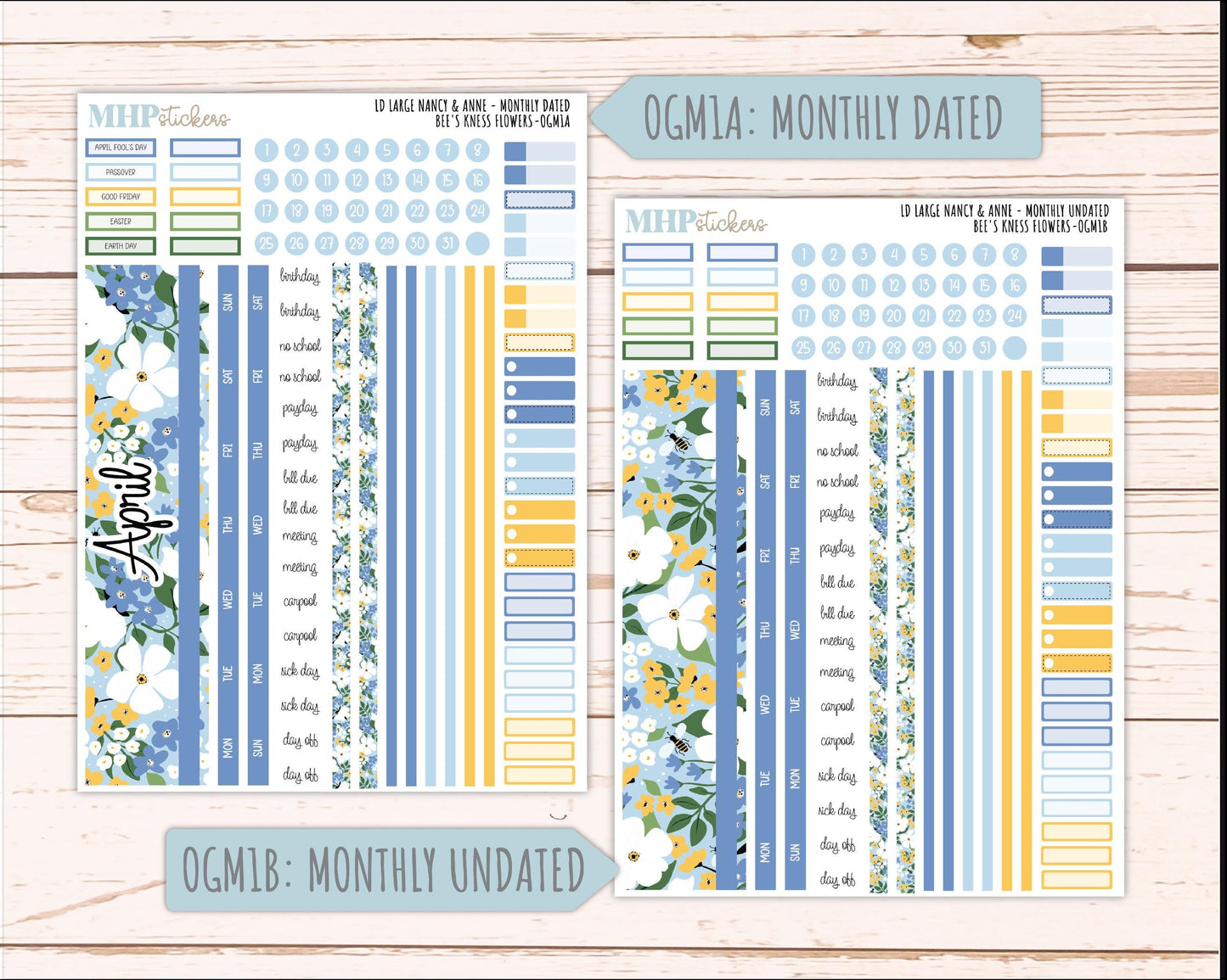 APRIL 2026 Stickers for Large Nancy & Anne Planners (Formerly Original Size). For Laurel Denise Planners. "Bee's Knees Flowers" || OG