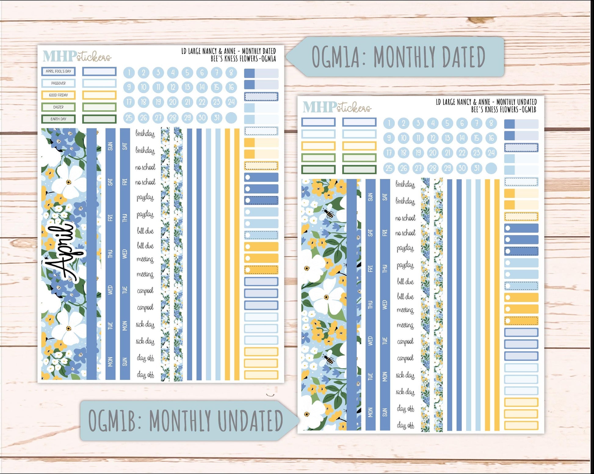 APRIL 2026 Stickers for Large Nancy & Anne Planners (Formerly Original Size). For Laurel Denise Planners. "Bee's Knees Flowers" || OG