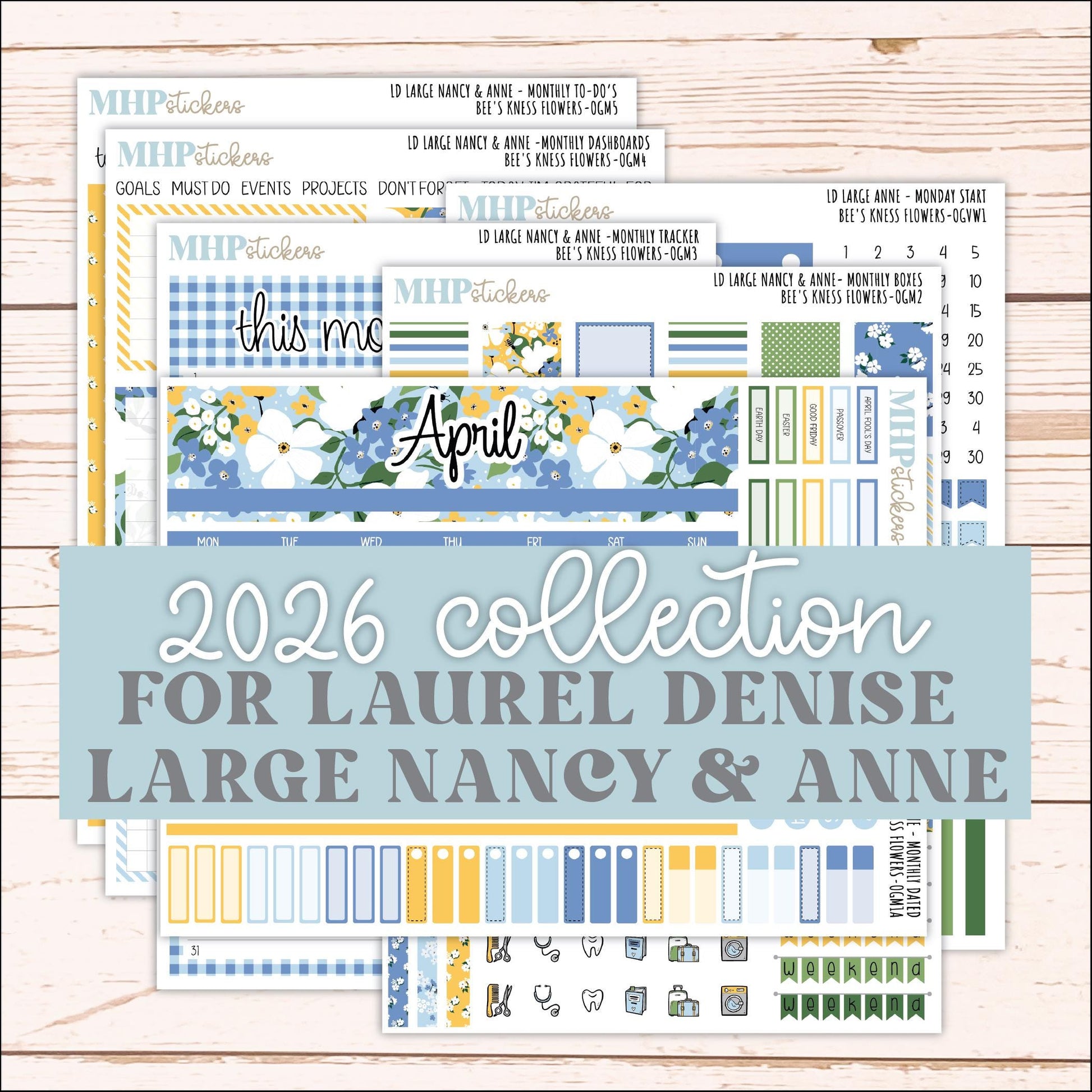 APRIL 2026 Stickers for Large Nancy & Anne Planners (Formerly Original Size). For Laurel Denise Planners. "Bee's Knees Flowers" || OG