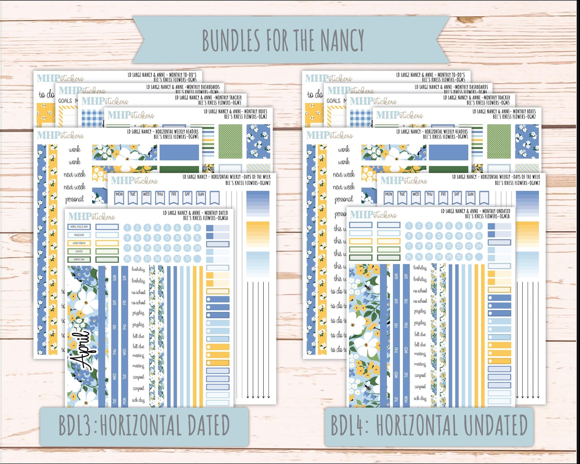 APRIL 2026 Stickers for Large Nancy & Anne Planners (Formerly Original Size). For Laurel Denise Planners. "Bee's Knees Flowers" || OG