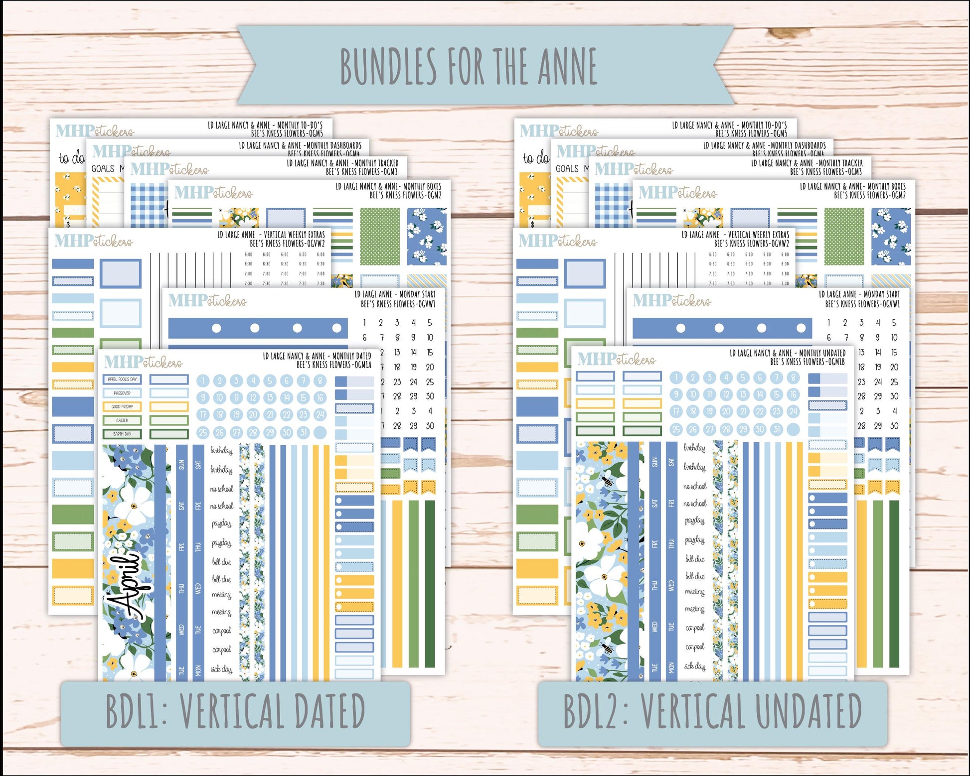 APRIL 2026 Stickers for Large Nancy & Anne Planners (Formerly Original Size). For Laurel Denise Planners. "Bee's Knees Flowers" || OG