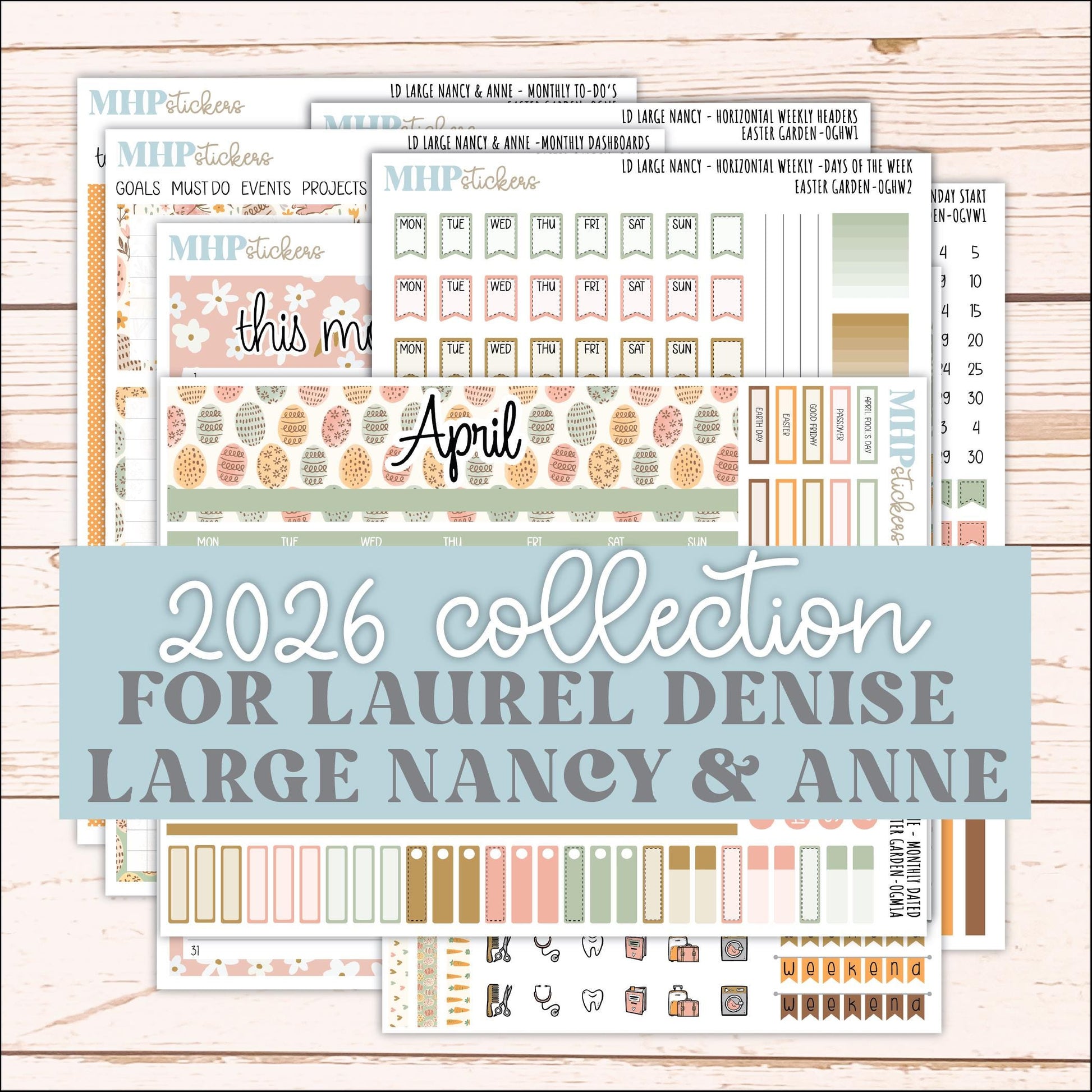 APRIL 2026 Stickers for Large Nancy & Anne Planners (Formerly Original Size). For Laurel Denise Planners. "Easter Garden" || OG