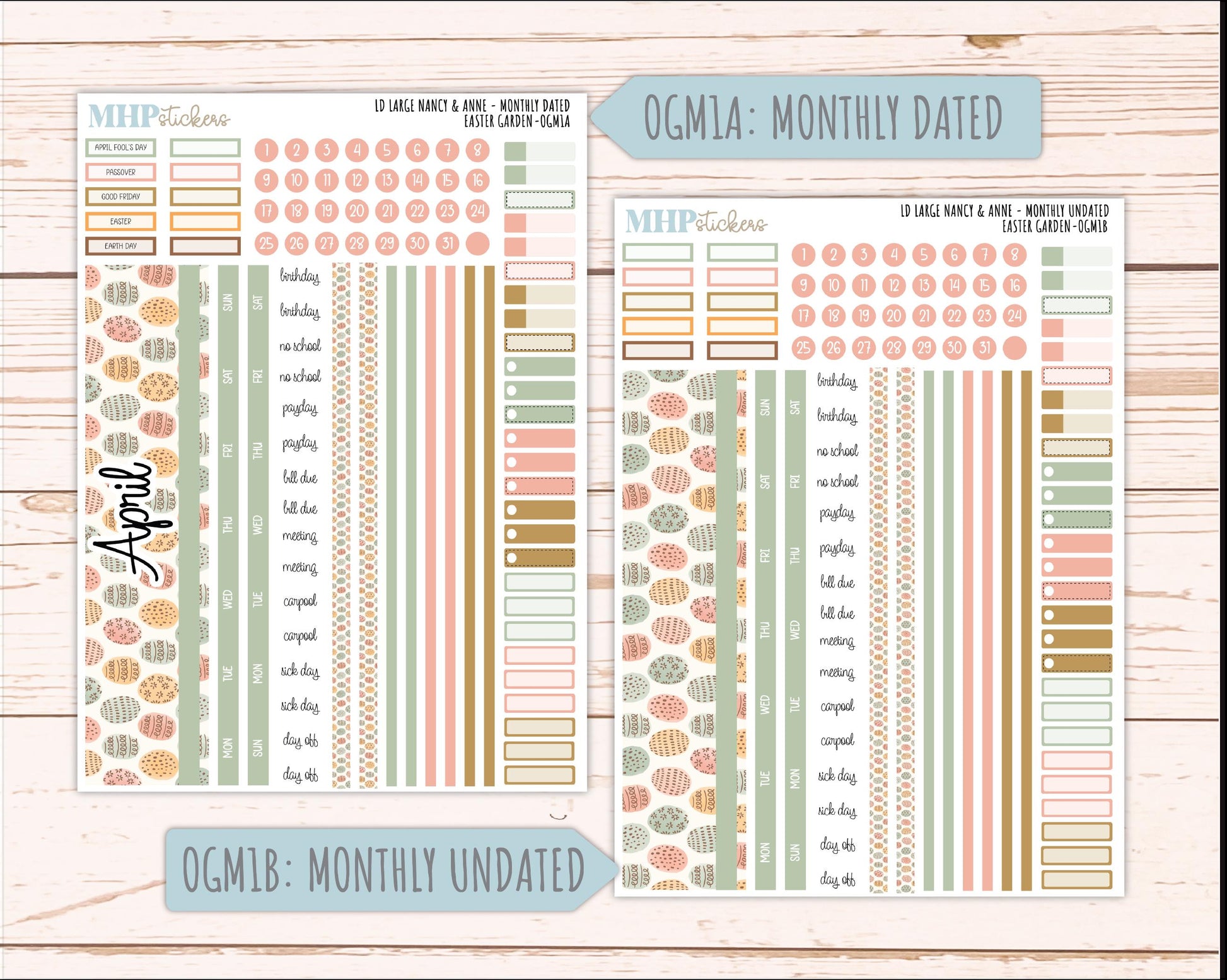 APRIL 2026 Stickers for Large Nancy & Anne Planners (Formerly Original Size). For Laurel Denise Planners. "Easter Garden" || OG