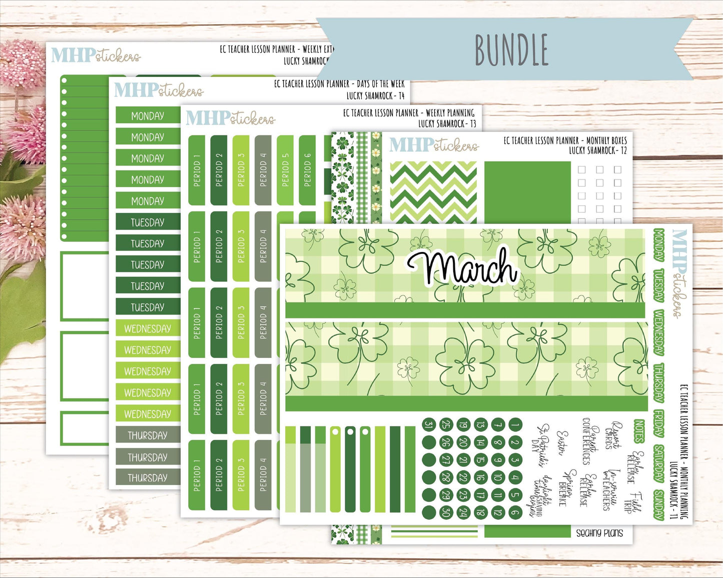 MARCH Stickers for EC Teacher Lesson Planner - Vertical Layout.. 2026 Collection "Lucky Shamrock" || ECT