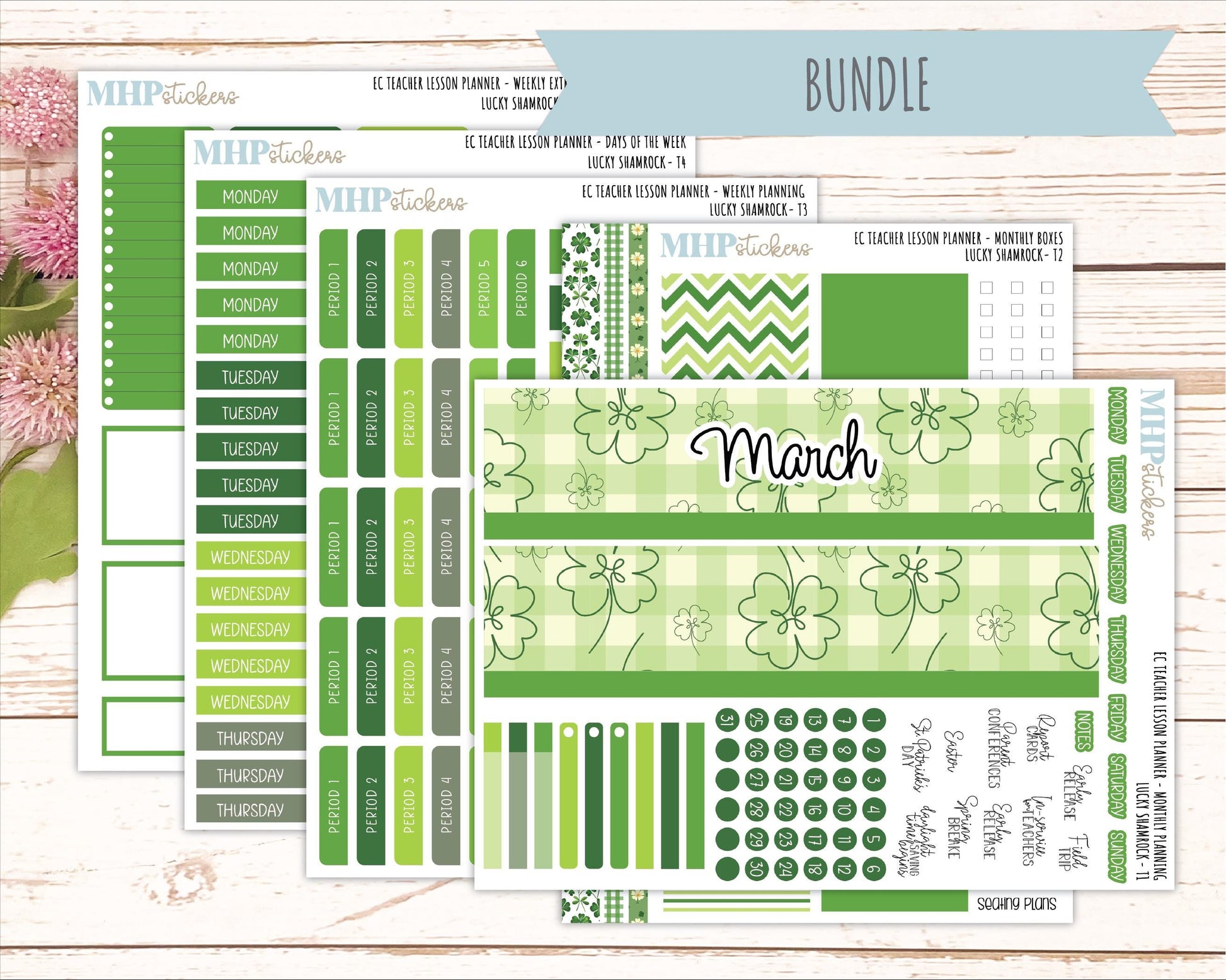 MARCH Stickers for EC Teacher Lesson Planner - Vertical Layout.. 2026 Collection "Lucky Shamrock" || ECT