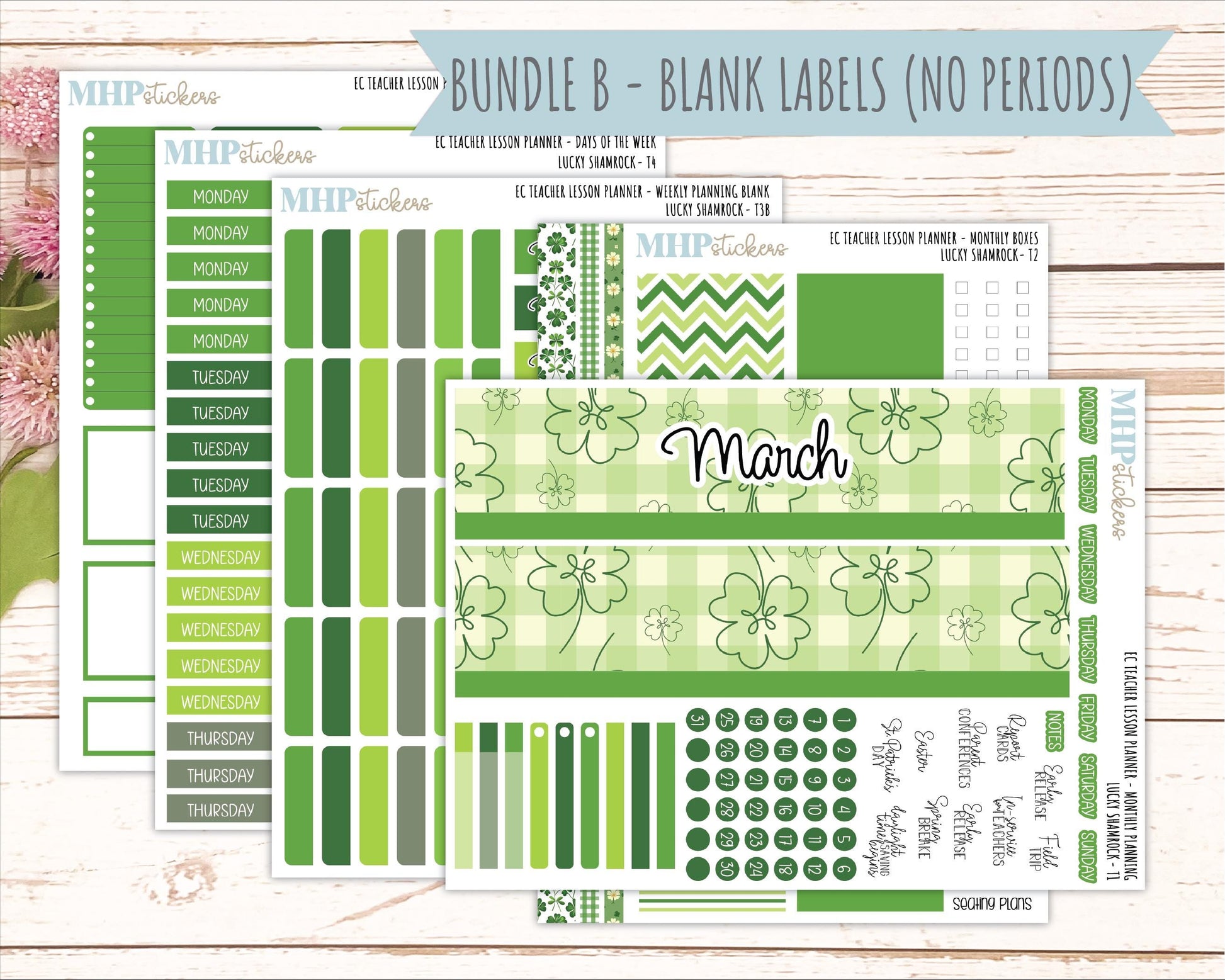 MARCH Stickers for EC Teacher Lesson Planner - Vertical Layout.. 2026 Collection "Lucky Shamrock" || ECT