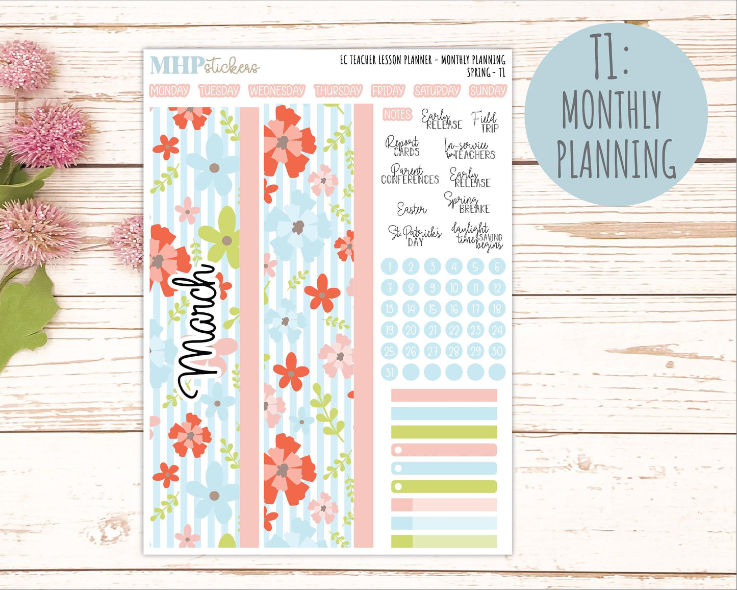 MARCH Stickers for EC Teacher Lesson Planner - Vertical Layout. 2026 Collection "Spring" || ECT