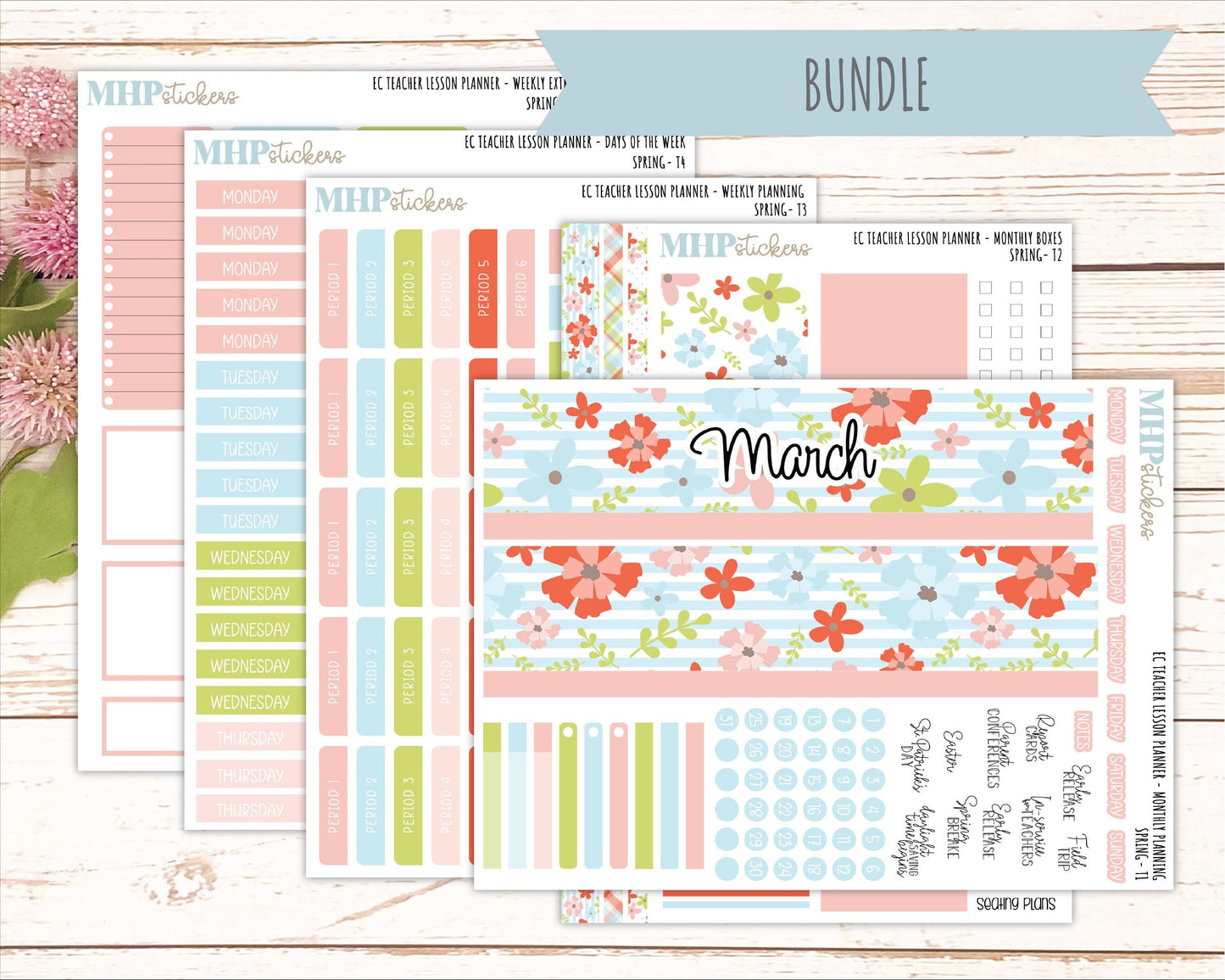 MARCH Stickers for EC Teacher Lesson Planner - Vertical Layout. 2026 Collection "Spring" || ECT