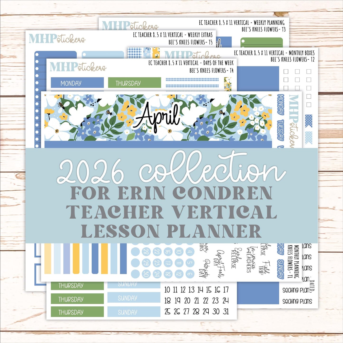 APRIL Stickers for EC Teacher Lesson Planner - Vertical Layout. 2026 Collection "Bee's Knees Flowers" || ECT