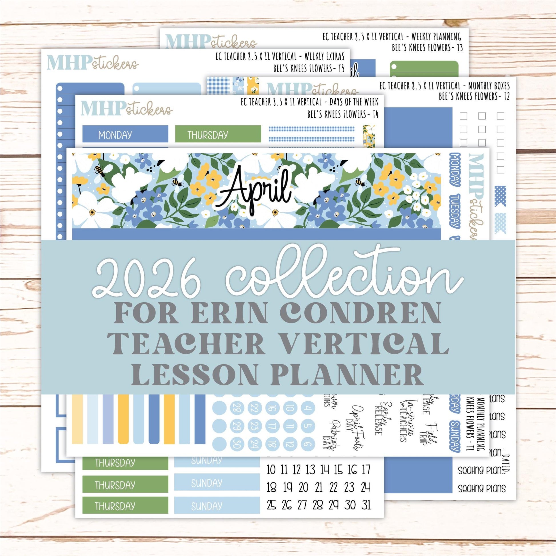 APRIL Stickers for EC Teacher Lesson Planner - Vertical Layout. 2026 Collection "Bee's Knees Flowers" || ECT