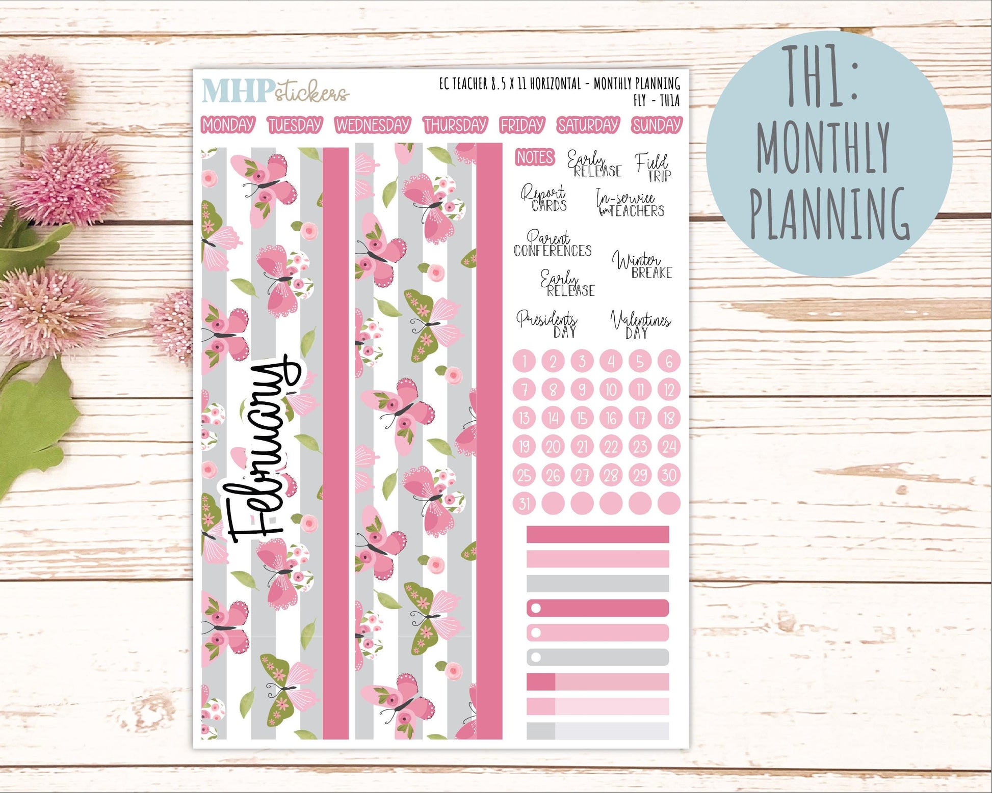 FEBRUARY Stickers for EC Teacher Lesson Planner - Horizontal Layout. 2026 Collection "Fly" || ECTH