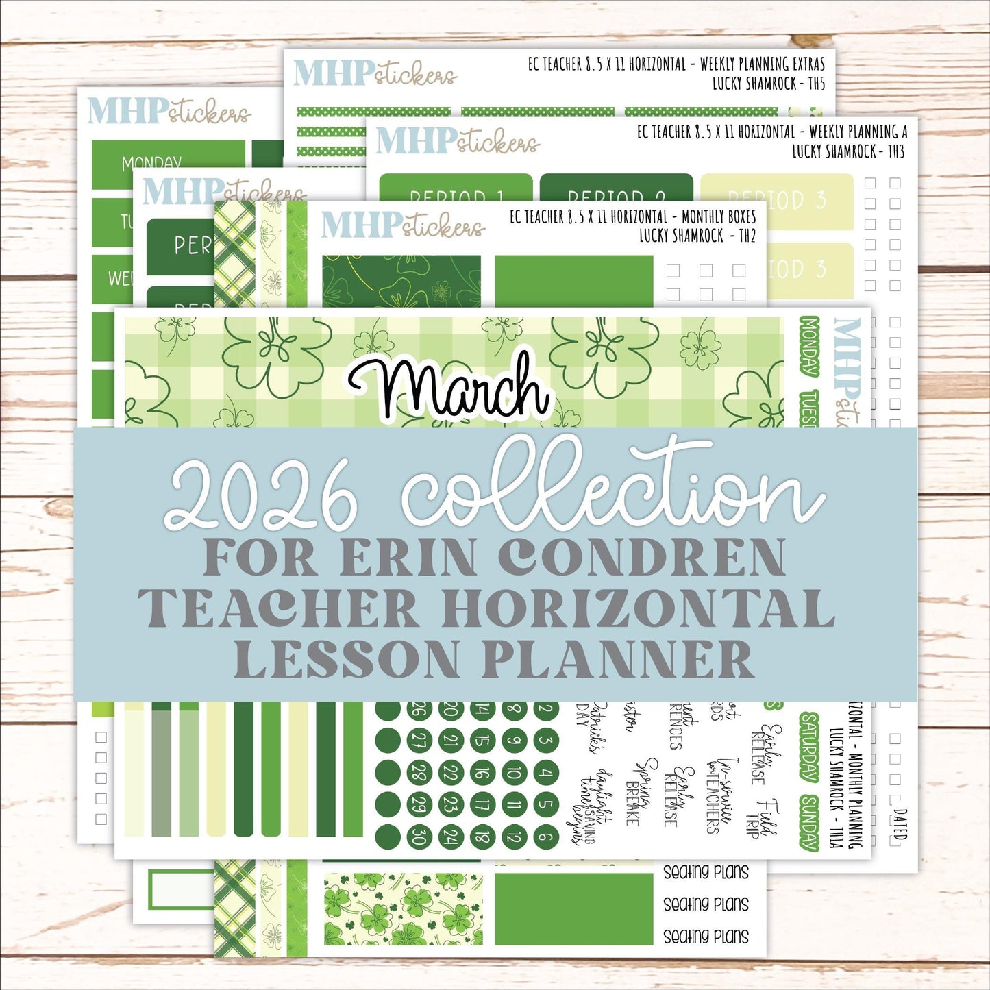 MARCH Stickers for EC Teacher Lesson Planner - Horizontal Layout. 2026 Collection "Lucky Shamrock" || ECTH