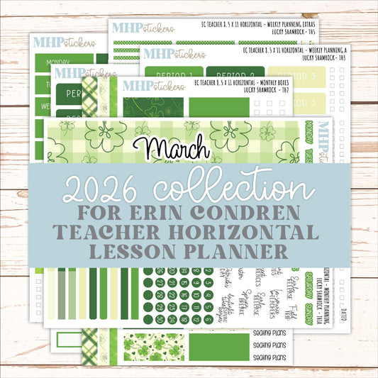 MARCH Stickers for EC Teacher Lesson Planner - Horizontal Layout. 2026 Collection "Lucky Shamrock" || ECTH