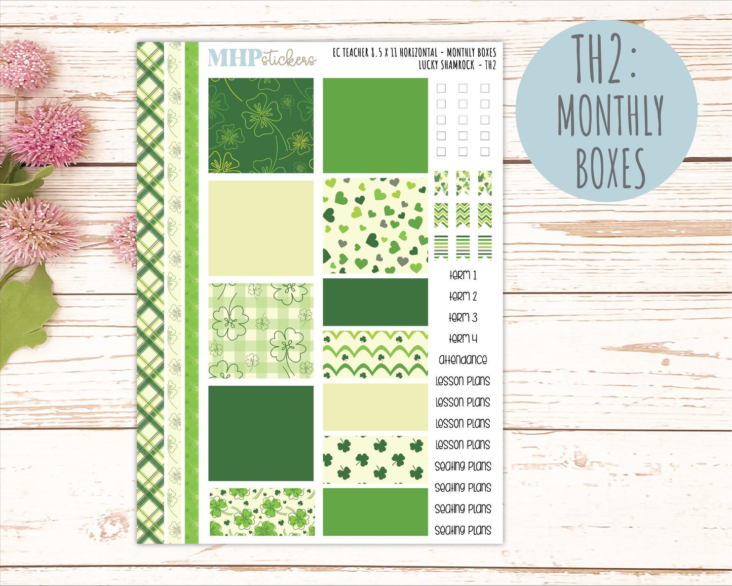 MARCH Stickers for EC Teacher Lesson Planner - Horizontal Layout. 2026 Collection "Lucky Shamrock" || ECTH