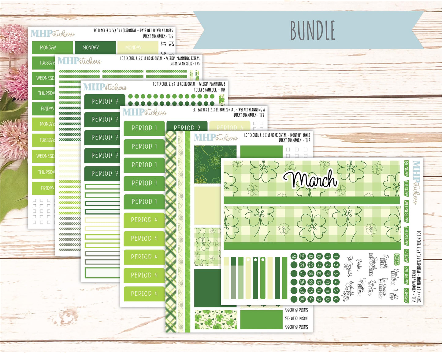 MARCH Stickers for EC Teacher Lesson Planner - Horizontal Layout. 2026 Collection "Lucky Shamrock" || ECTH