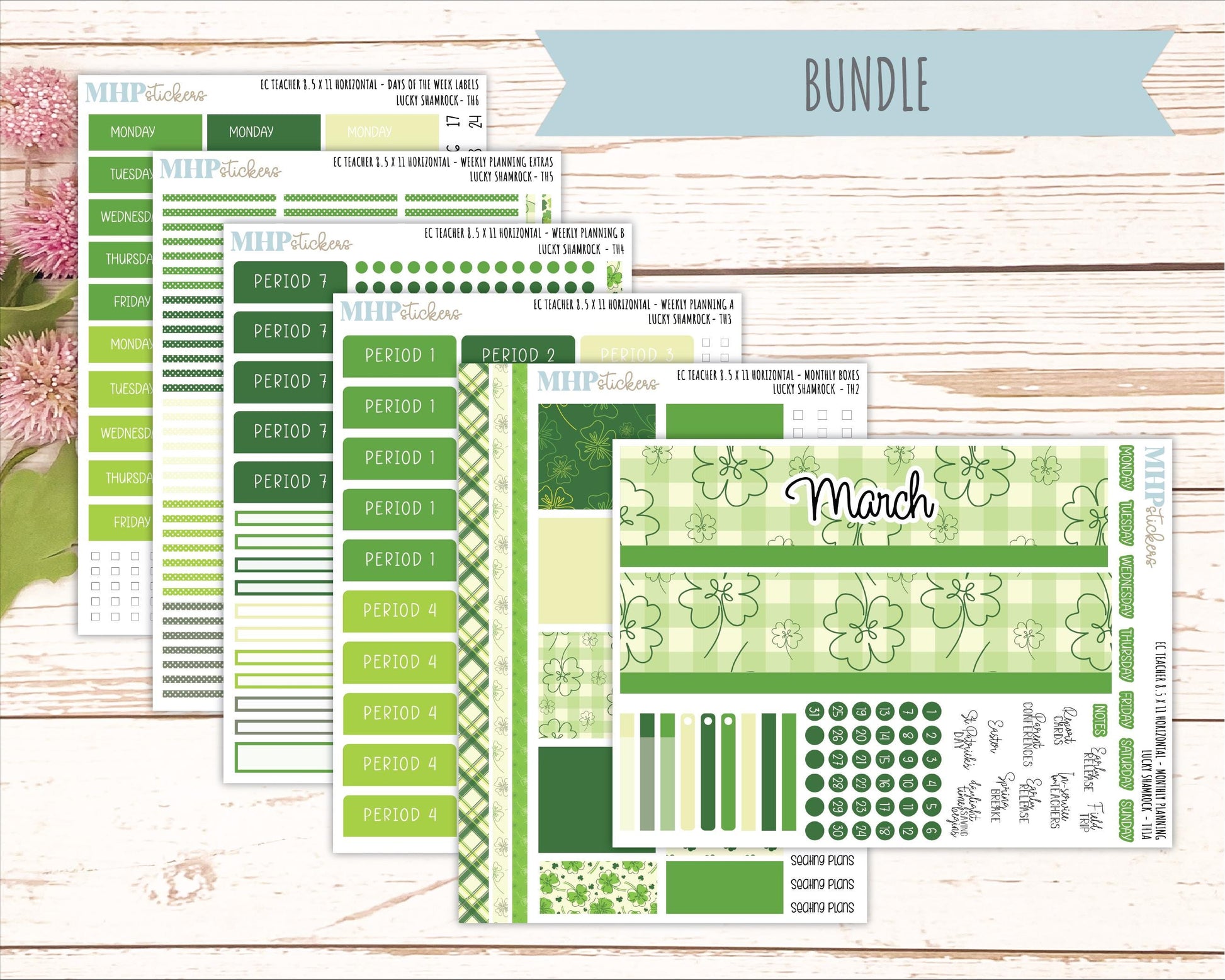 MARCH Stickers for EC Teacher Lesson Planner - Horizontal Layout. 2026 Collection "Lucky Shamrock" || ECTH