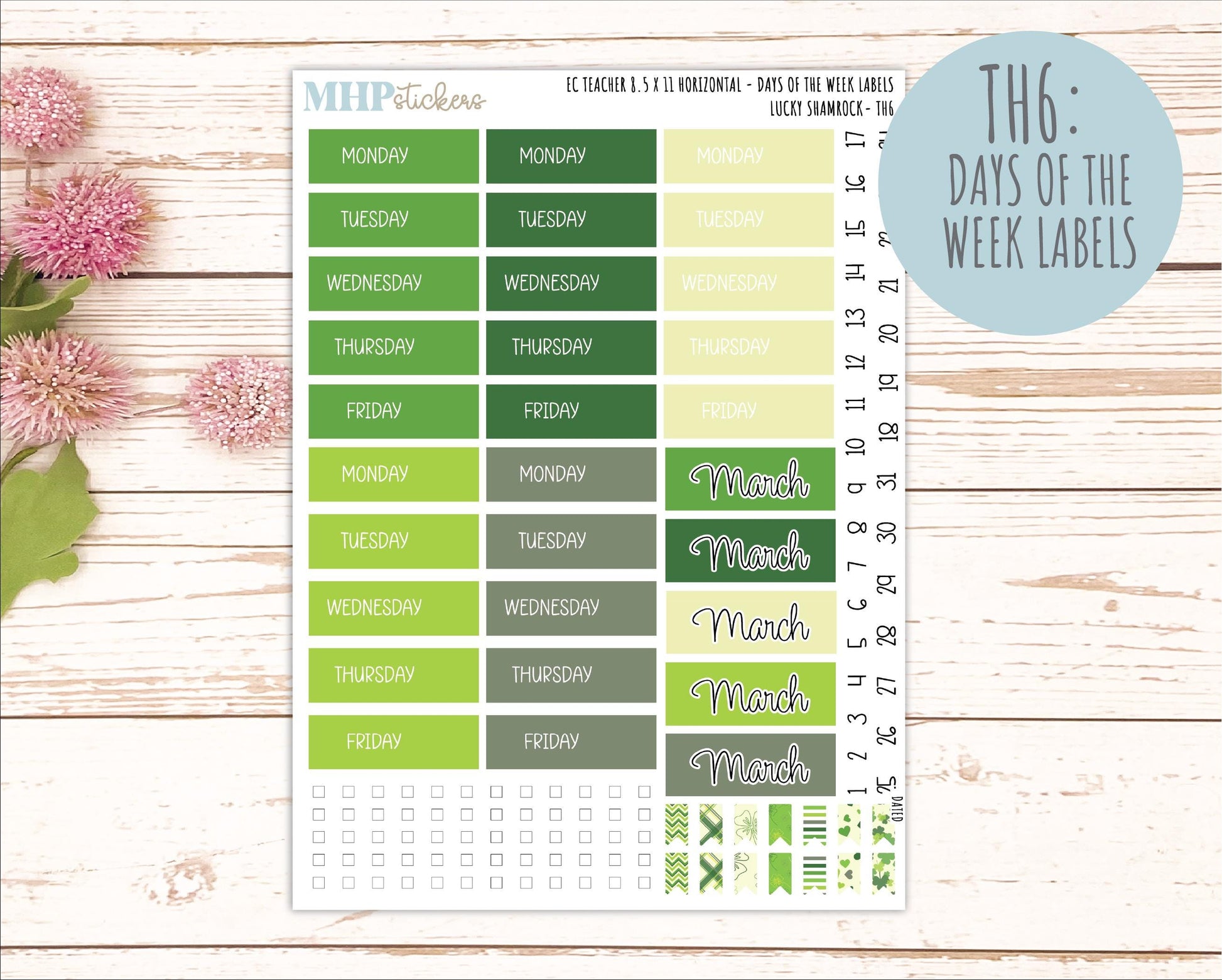 MARCH Stickers for EC Teacher Lesson Planner - Horizontal Layout. 2026 Collection "Lucky Shamrock" || ECTH