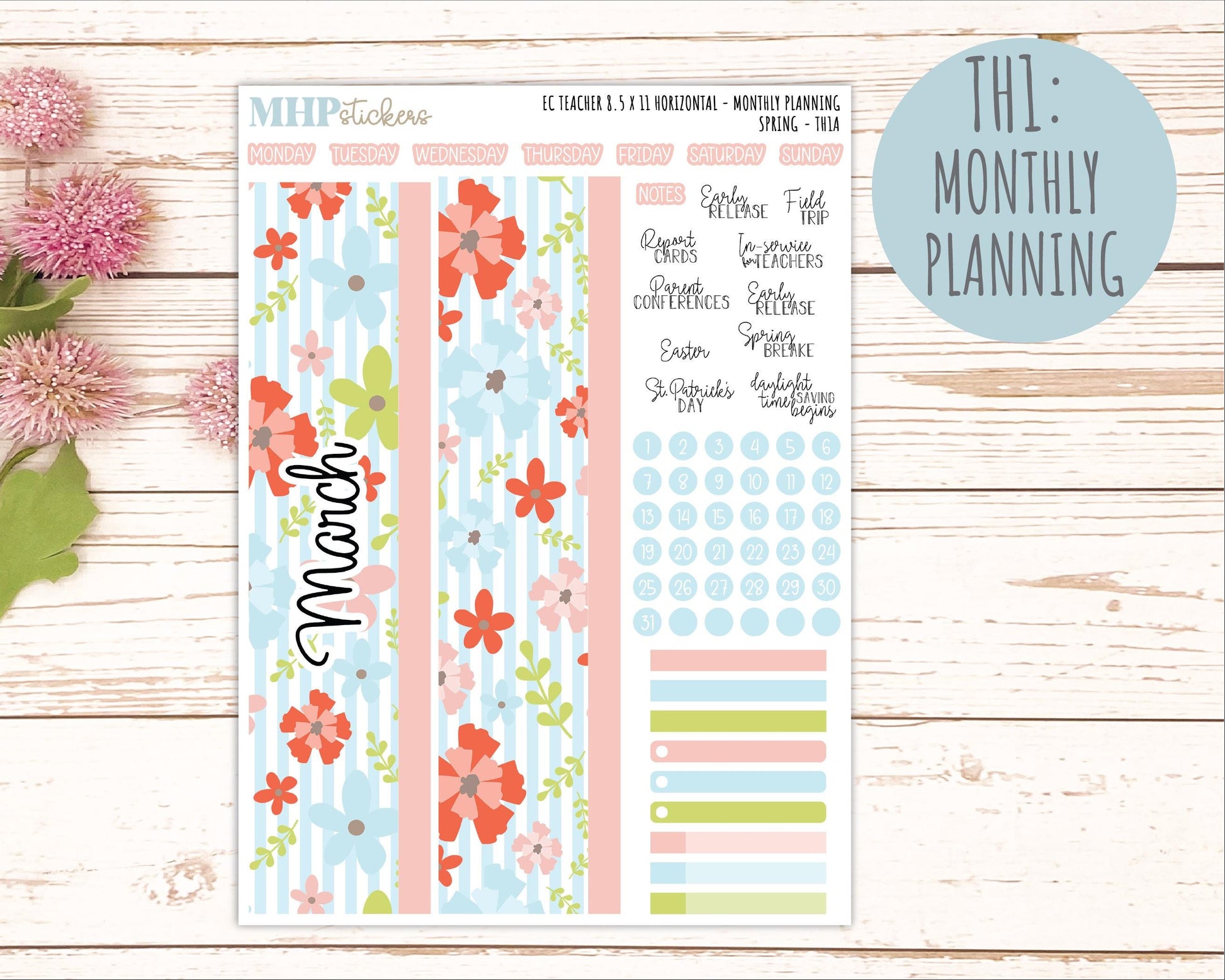 MARCH Stickers for EC Teacher Lesson Planner - Horizontal Layout. 2026 Collection "Spring" || ECTH