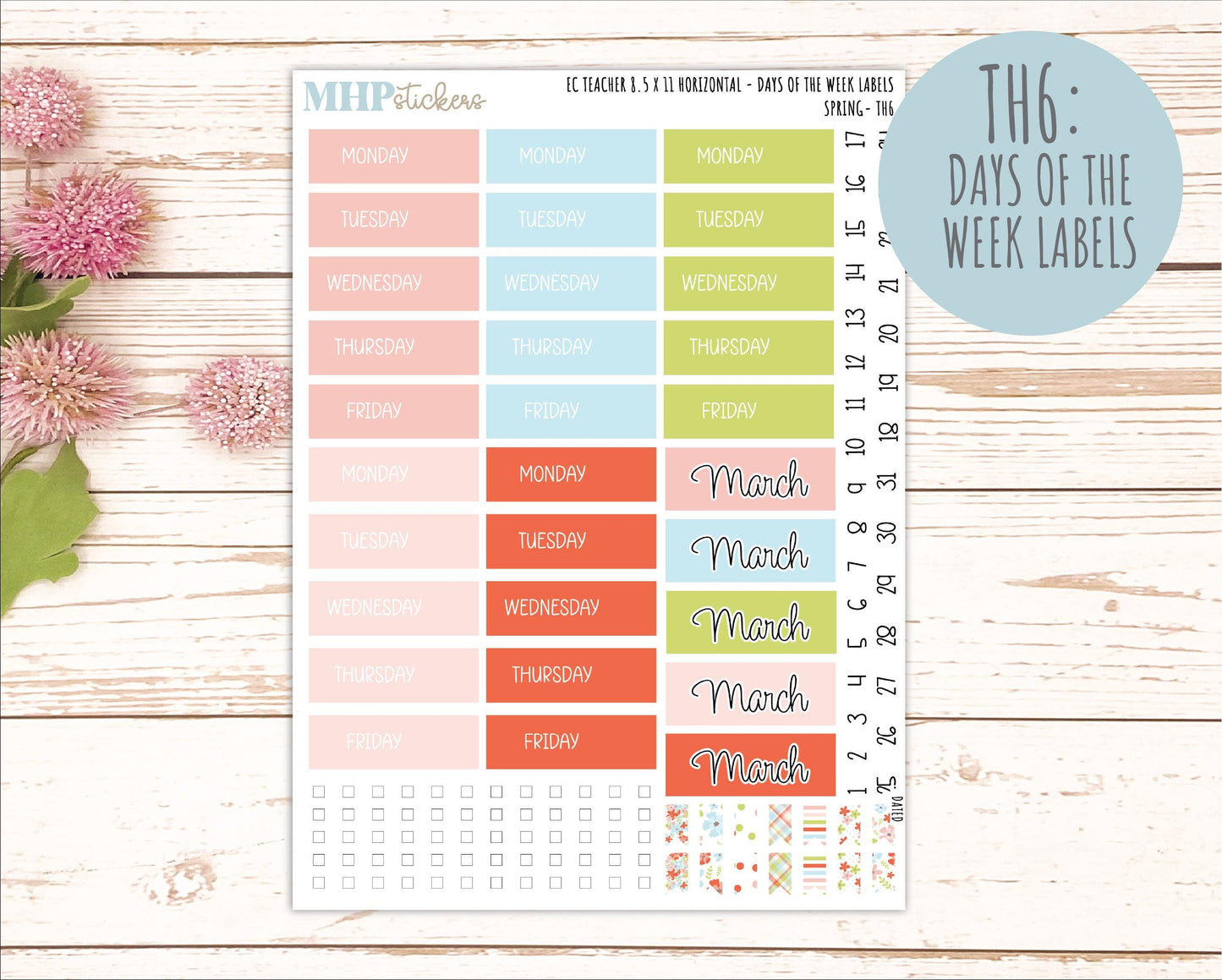 MARCH Stickers for EC Teacher Lesson Planner - Horizontal Layout. 2026 Collection "Spring" || ECTH