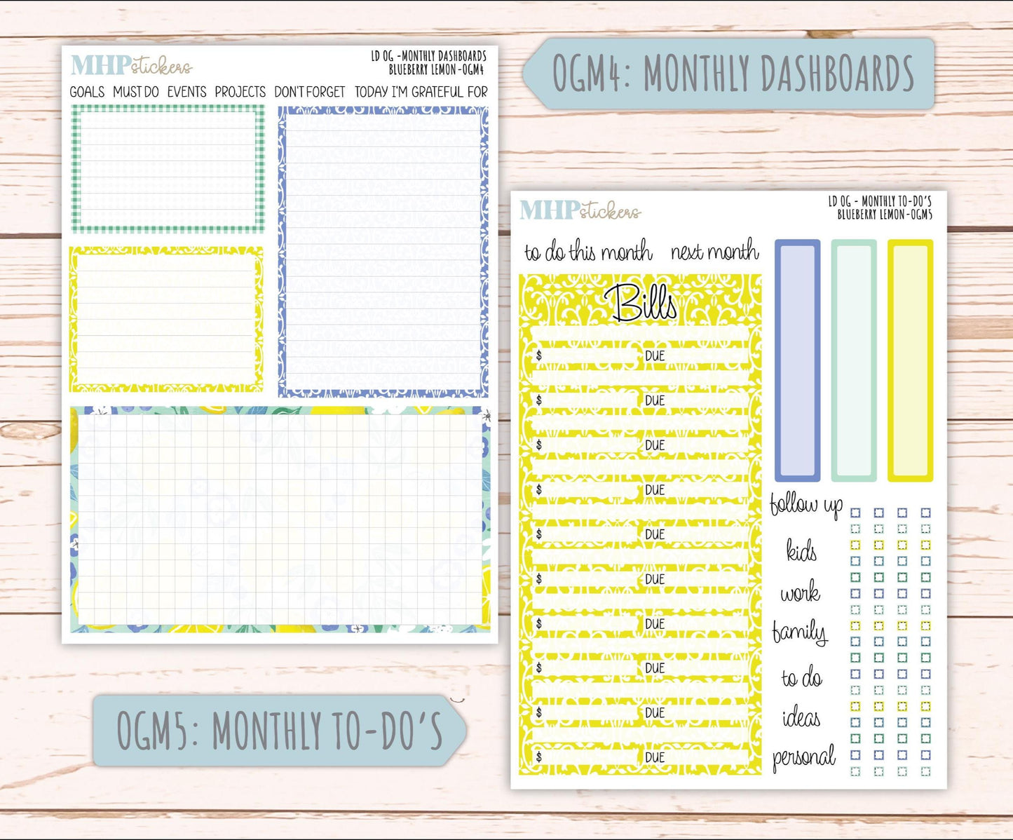 JULY 2025 Stickers for Large size Horizontal & Vertical Laurel Denise Planners. (Formerly Original Size) "Blueberry Lemon" || OGBL