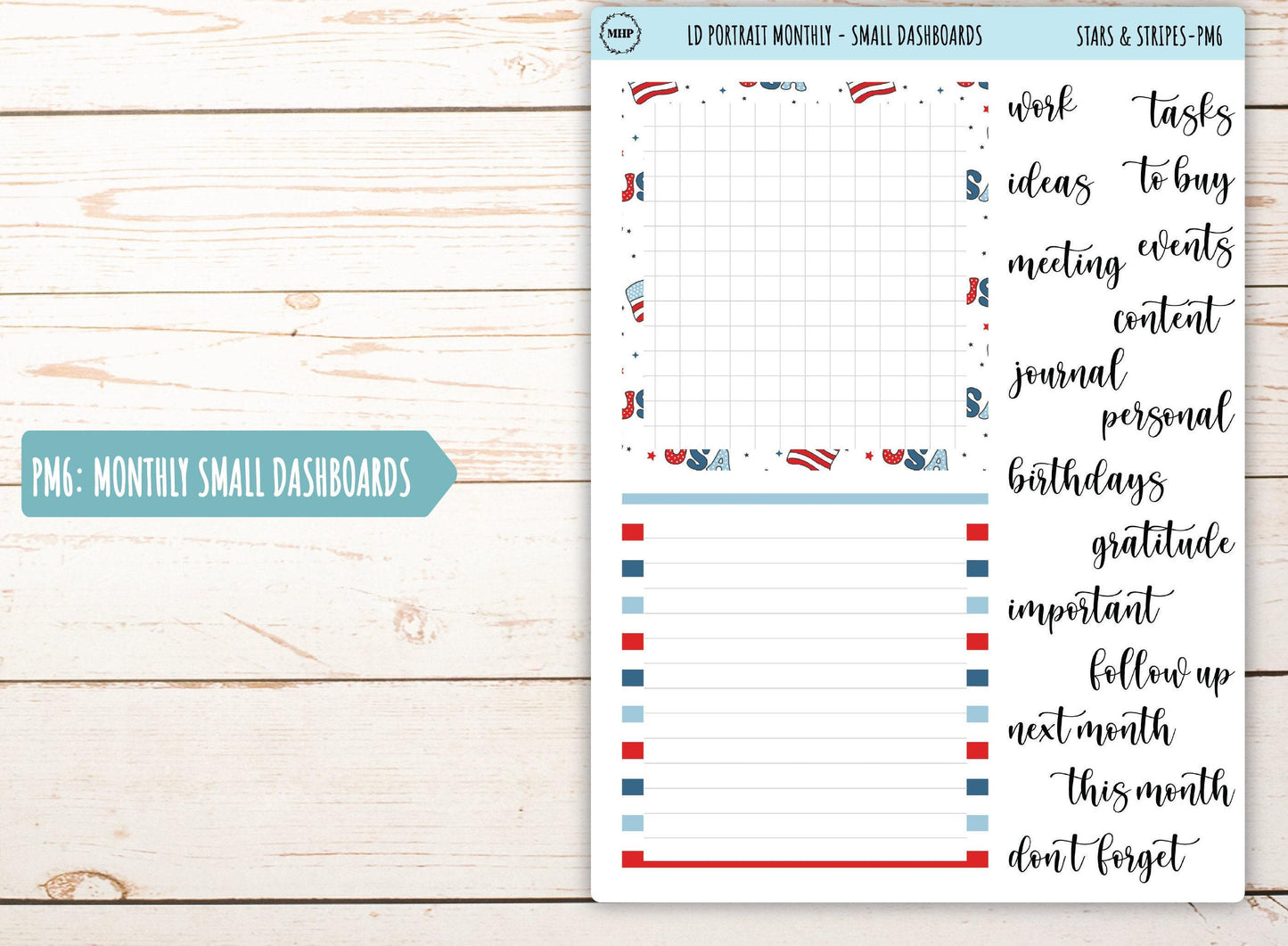 JULY Stickers for The Scout Laurel Denise Planner (formerly Portrait Planner). "Stars and Stripes" || PS&S
