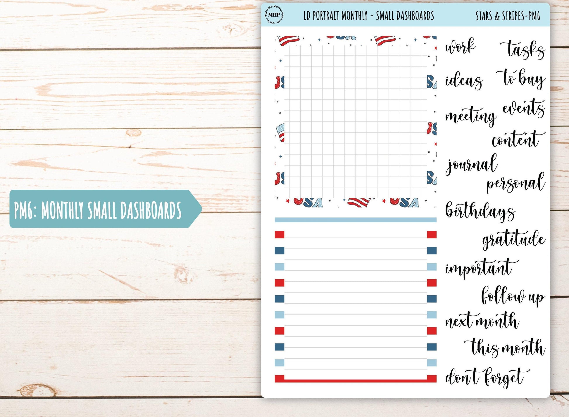 JULY Stickers for The Scout Laurel Denise Planner (formerly Portrait Planner). "Stars and Stripes" || PS&S
