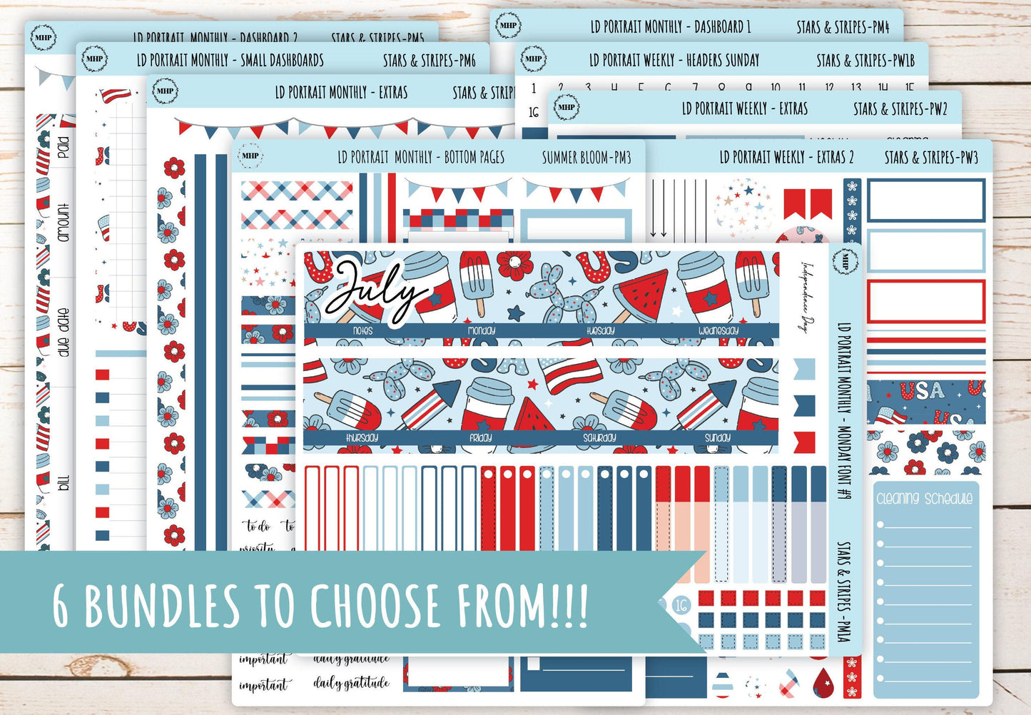 JULY Stickers for The Scout Laurel Denise Planner (formerly Portrait Planner). "Stars and Stripes" || PS&S