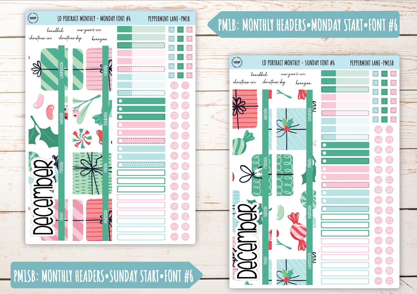 DECEMBER Stickers for The Scout Laurel Denise Planner (formerly Portrait Planner). "Peppermint Lane" || PPL