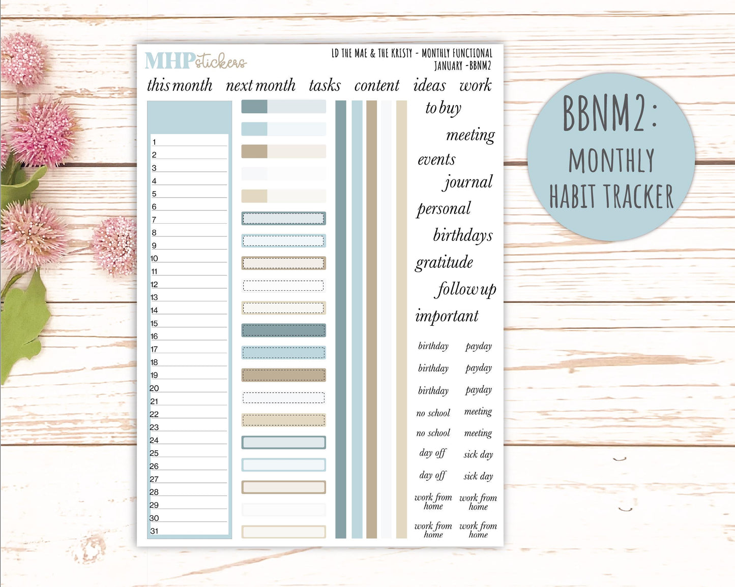 JANUARY Stickers for The Mae & Kristy Laurel Denise Planners (formerly Book Bound Planner). Neutral Color || BBN