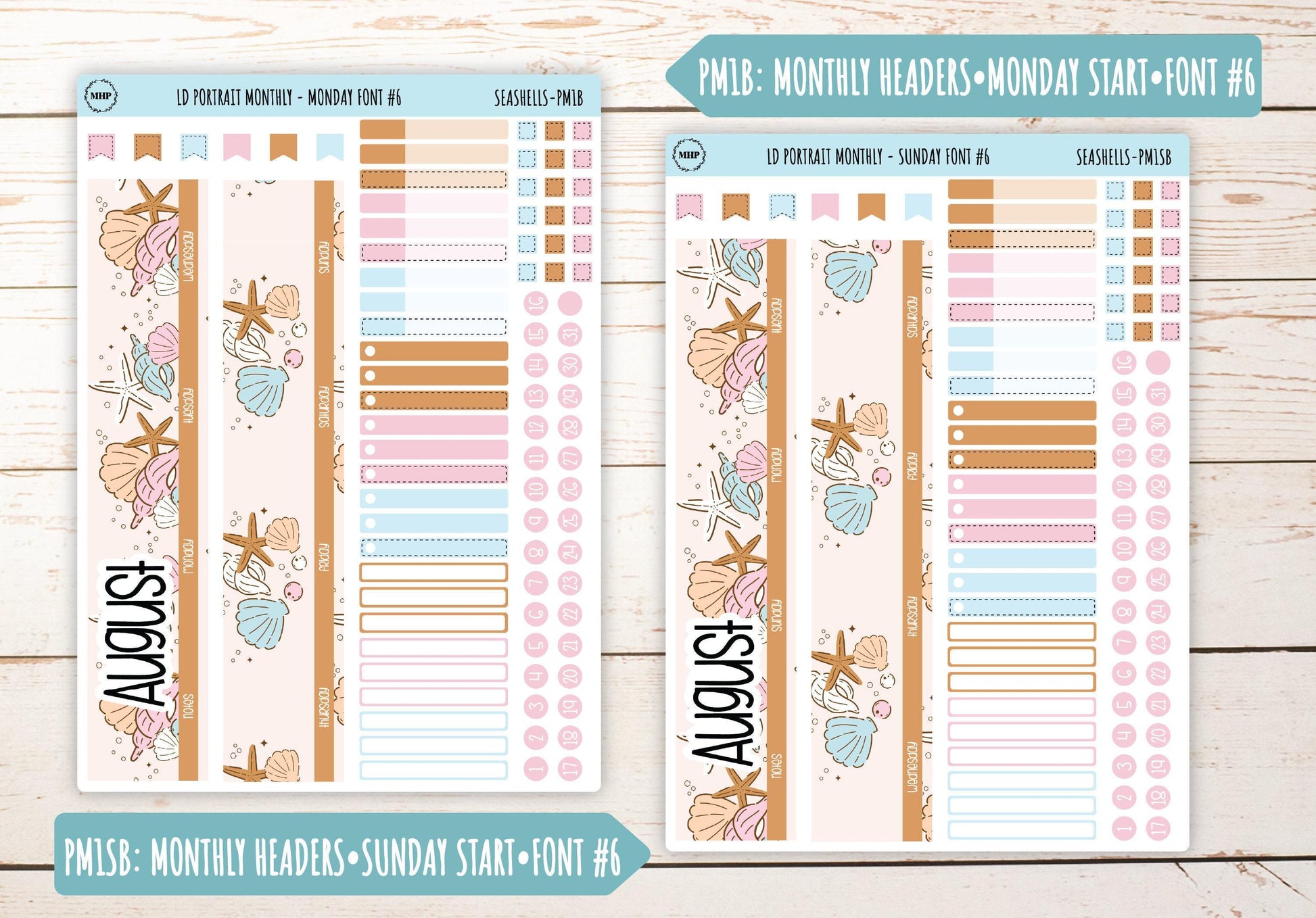 AUGUST Stickers for The Scout Laurel Denise Planner (formerly Portrait Planner). "Seashells" || PSSH