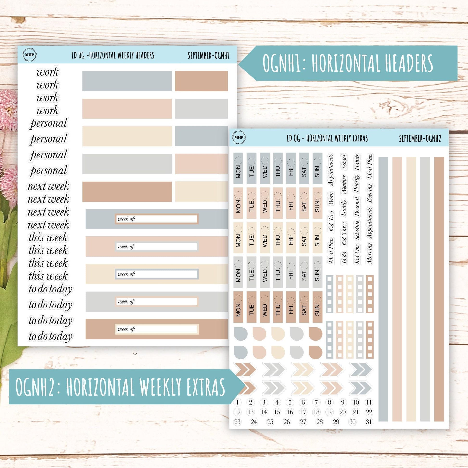 Neutral Color Stickers for Large size Horizontal & Vertical Laurel Denise Planner. (Formerly Original or Standar Size) SEPTEMBER || OGNSEP