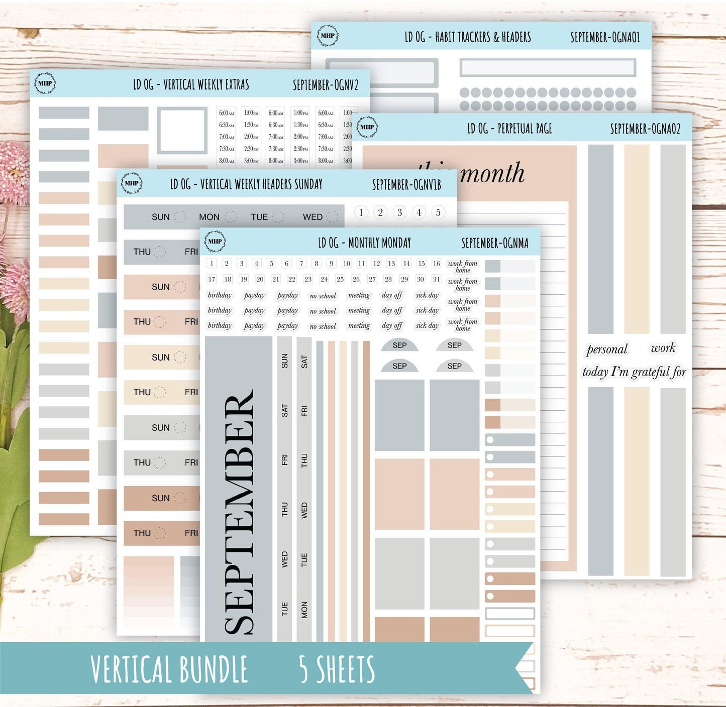 Neutral Color Stickers for Large size Horizontal & Vertical Laurel Denise Planner. (Formerly Original or Standar Size) SEPTEMBER || OGNSEP