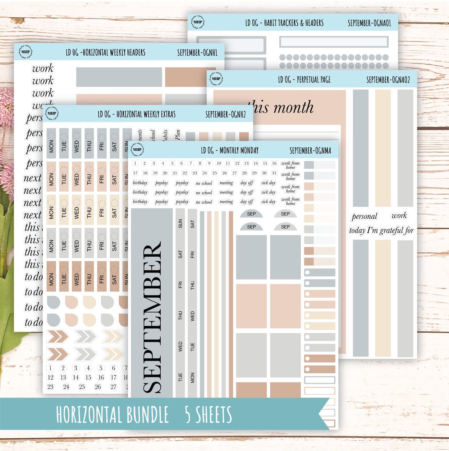Neutral Color Stickers for Large size Horizontal & Vertical Laurel Denise Planner. (Formerly Original or Standar Size) SEPTEMBER || OGNSEP