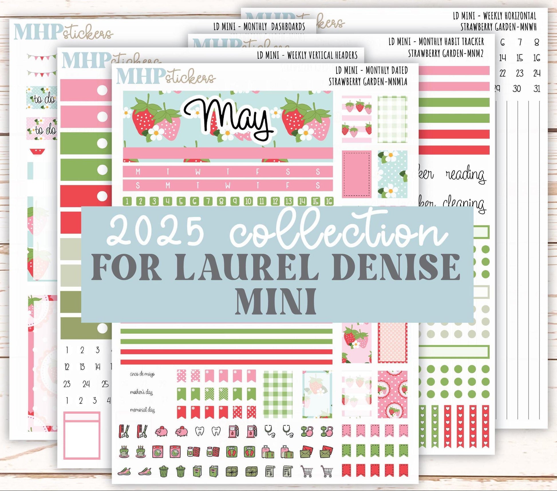 MAY 2025 Stickers for Small Horizontal & Vertical Laurel Denise Planners. (Formerly Mini Planner) "Strawberry Garden" || MNSG
