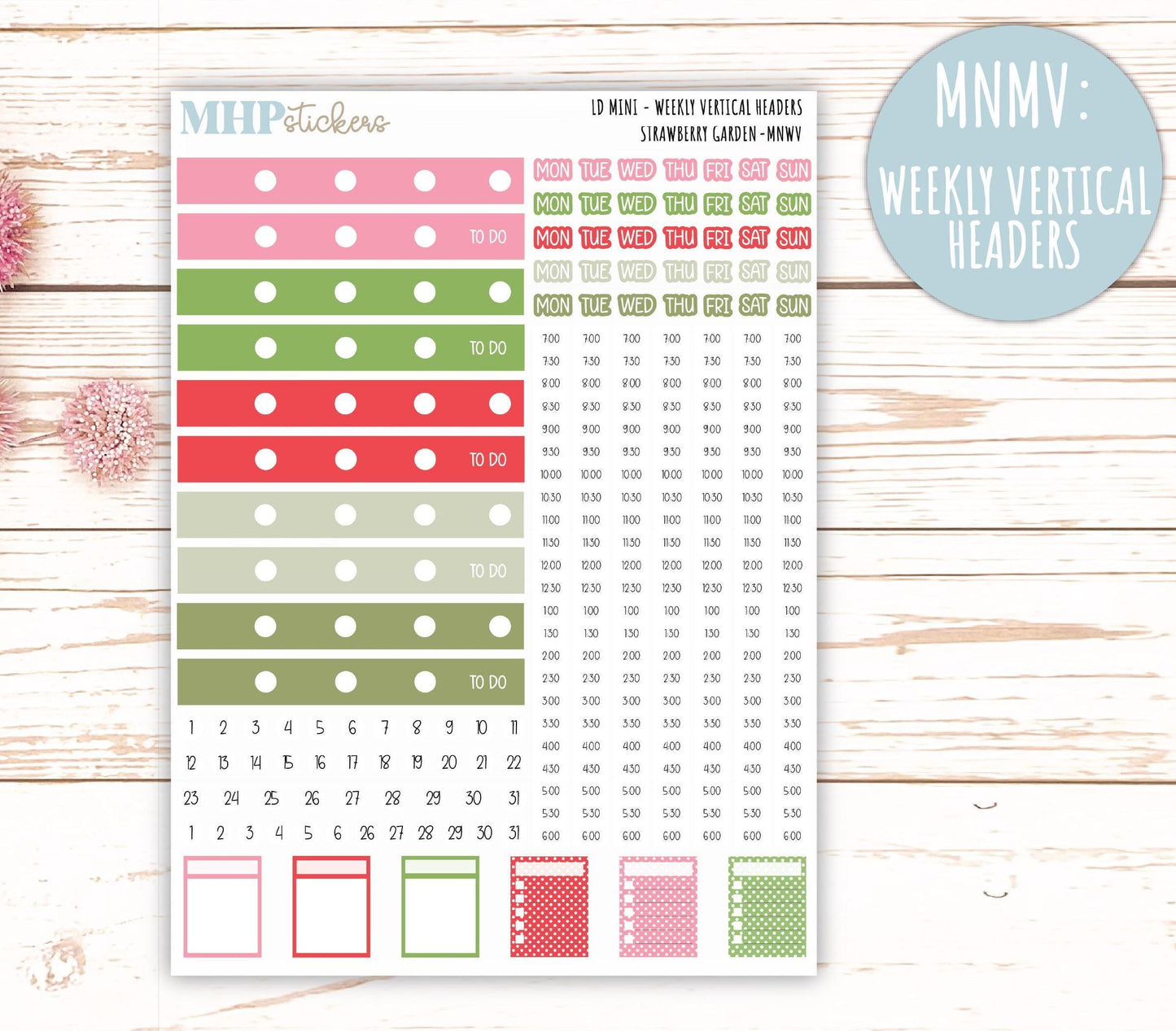 MAY 2025 Stickers for Small Horizontal & Vertical Laurel Denise Planners. (Formerly Mini Planner) "Strawberry Garden" || MNSG