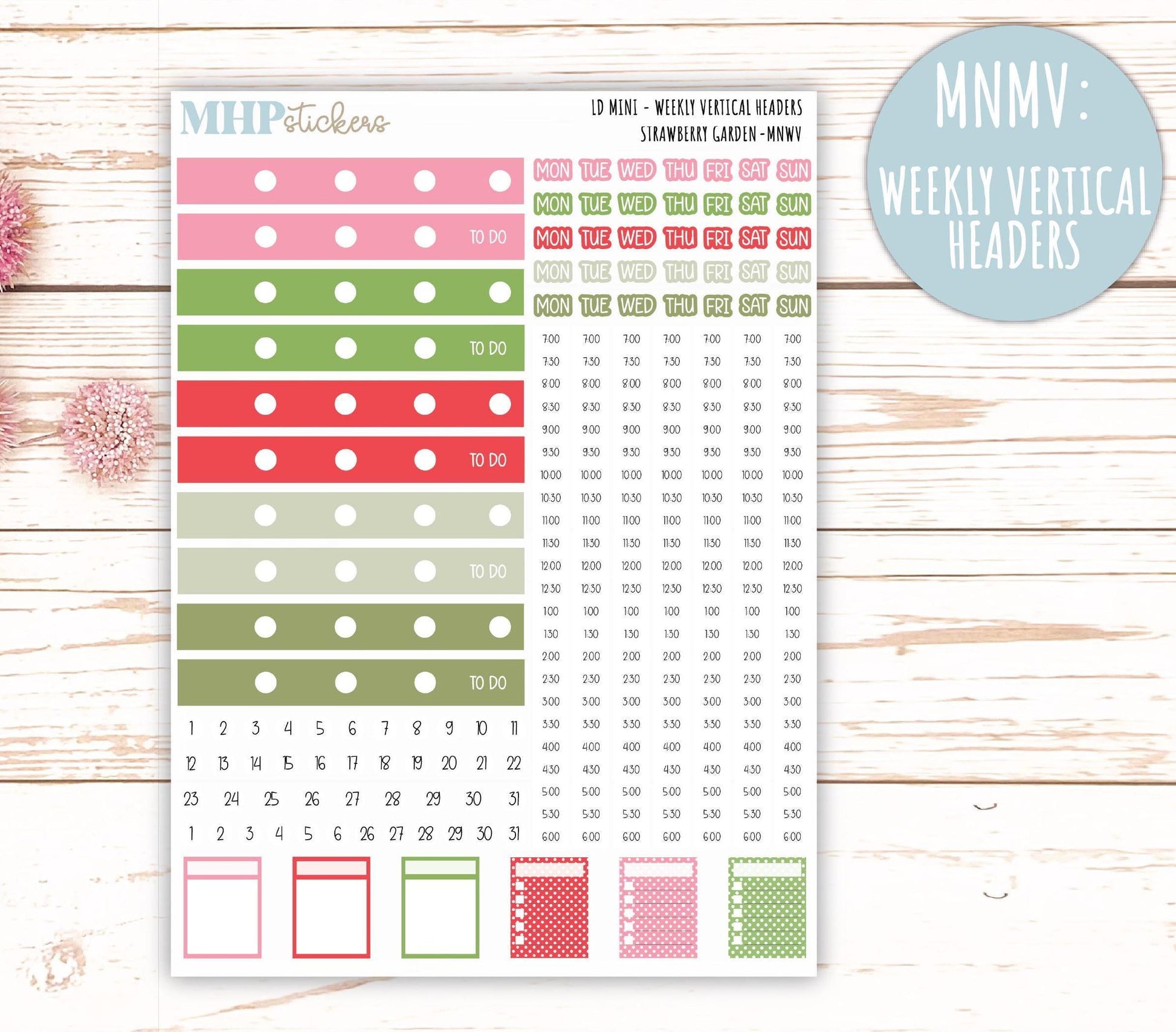 MAY 2025 Stickers for Small Horizontal & Vertical Laurel Denise Planners. (Formerly Mini Planner) "Strawberry Garden" || MNSG