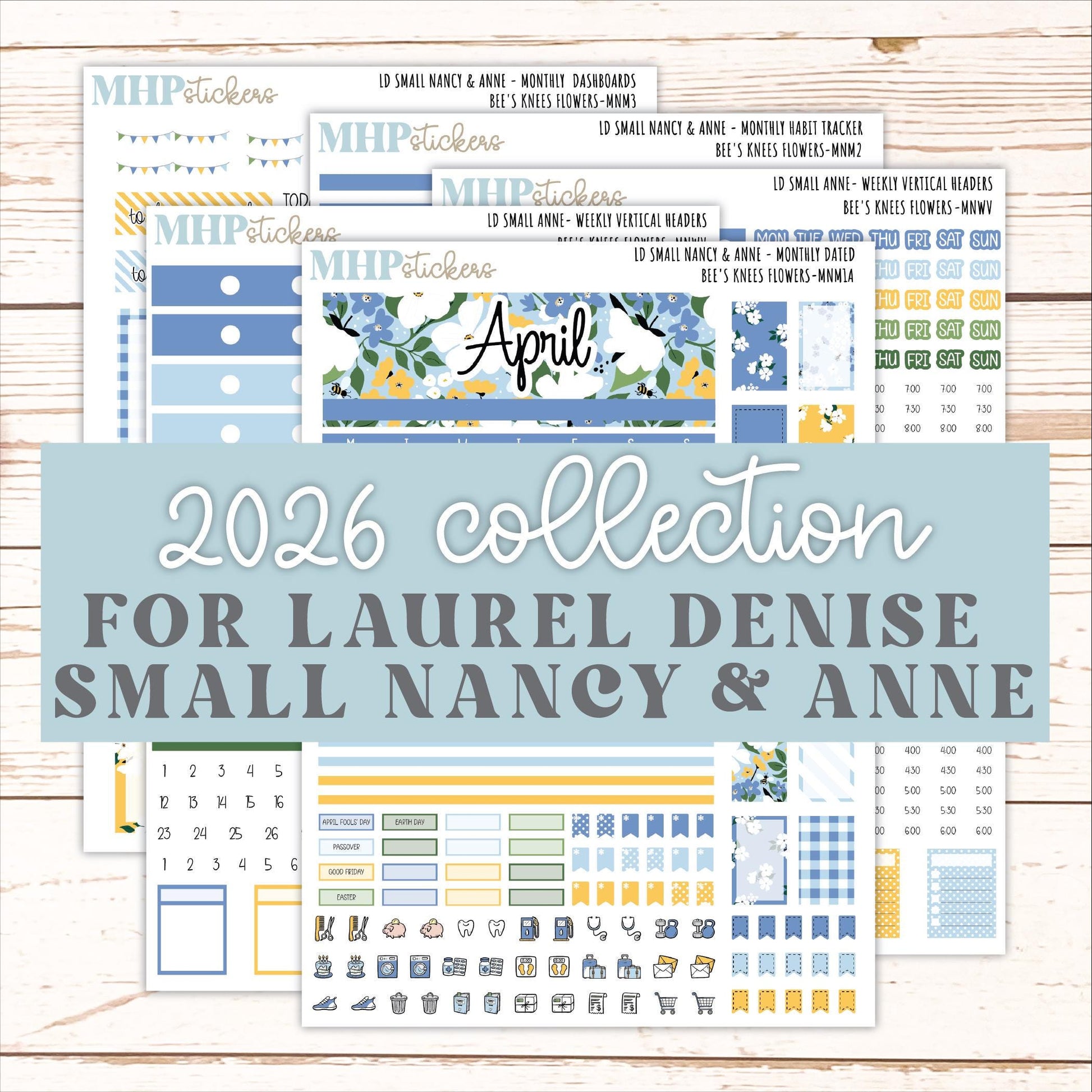 APRIL 2026 Stickers for Small Nancy & Anne Laurel Denise Planners. (Formerly Mini Planner) "Bee's Knees Flowers" || MN